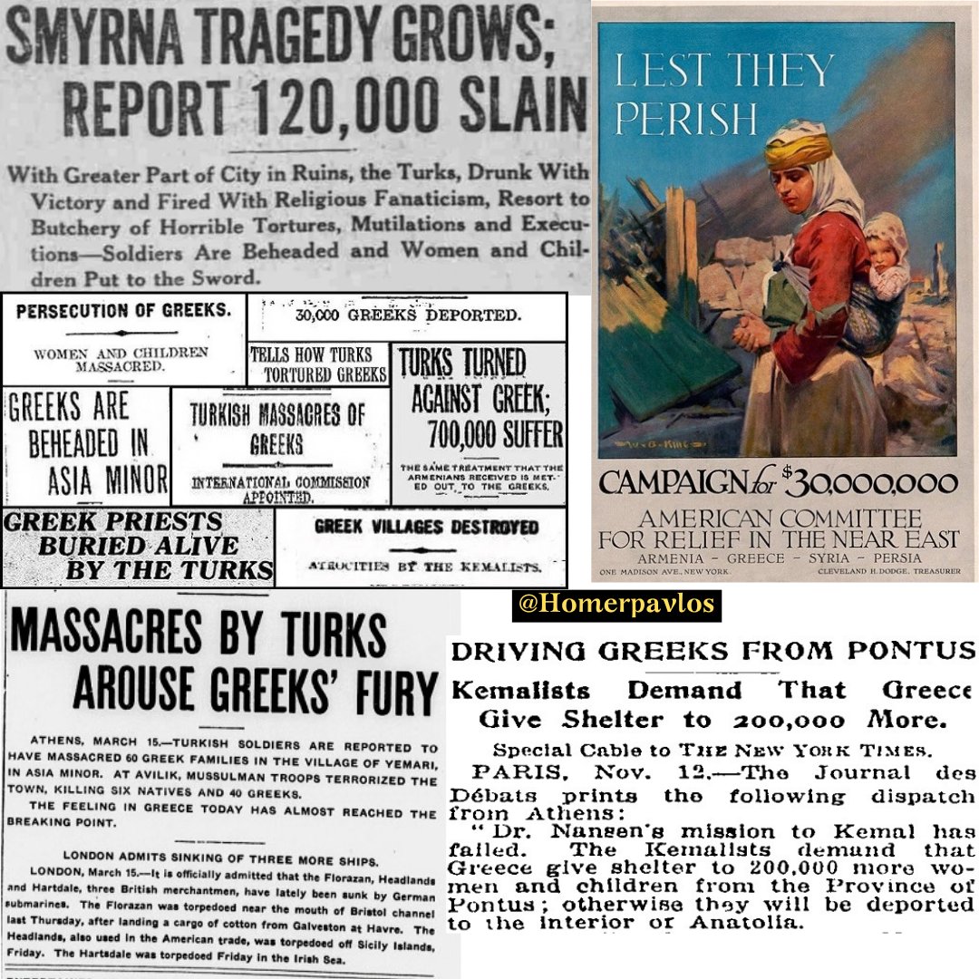 HomerPavlos's tweet photo. The Greek, Armenian, and Assyrian genocide from the Muslim Turks happened 100 years ago in Asia Minor. You think these events belong to distant history, but our grandparents lived through these atrocities and were violently slaughtered or expelled from their ancestral lands. Genocide, persecutions and Turkification of the Greek element occurred earlier as well. 

The mass Islamizations and exterminatory persecutions of the 17th century are well known. However, after the proclamation of the Turkish Constitution of 1908, these phenomena, particularly the exterminatory persecutions of the Greek element, became methodical, systematic, and, above all, based on decisions and instructions from the central authority, the Turkish governments. Research has shown that the persecutions were planned and organized from above and had a universal character.

1. In the first period (1908-1912/13), the persecutions were carried out carefully and somewhat sporadically (murders, confiscations of properties, etc.), so as not to reveal the face of the New Turkey, which from then began implementing the program "Turkey for the Turks."

2. In the period 1912-1914, murders and destructions of Greek populations increased. Particularly after the March of 1914, mass persecutions and wholesale expulsions to Greece of entire Greek populations from Thrace and the coasts of Asia Minor intensified, under the pretext that the islands of Lesbos and Chios had been occupied by Greece. From this point, the program of the Young Turk Committee clearly began: on one hand, the economic exhaustion of the Greeks and, on the other, their expulsion or forced flight to Greece, in order to replace them with Ottomans from Bosnia-Herzegovina, as well as from areas that passed to Serbia and Bulgaria.

3. The situation became unbearable during the period of World War I (1914-18), which was marked by beastly destructions of Greek populations with wholesale massacres, persecutions, burnings of entire cities and villages, and mass exiles of thousands of compatriots to the interior of Turkey.

4. The climax of the drama of the Asia Minor Hellenism, coincided with the Kemalist period (1919-1922), when the persecutions became more exterminatory and beastly.

The Greek populations (and the Armenian ones) were not simply killed with knives and weapons, but died after horrific torments, unprecedented in human history. And not only men, but women and children, without distinction of age. In the Pontus region alone, 353,000 people were exterminated.

In total, from the Hellenism of the East (Thrace, Asia Minor, Pontus), around 900,000 people were exterminated (1914-1924).

For the mass extermination and genocide of the Greeks and the Armenians from Anatolia, the Turkish authorities used the most terrible and barbaric plans: they looted, raped, burned entire villages, tortured, mutilated, slaughtered, burned, and even buried alive men, women, children, elders, and turned extensive Greek Christian communities that until then flourished and radiated their cultural brilliance throughout the East into vast cemeteries.

In Turkey, Islamizations were methodical with the establishment of special orphanages, where orphaned Greek and Armenian children were gathered, whose parents had been slaughtered or expelled from their own homes and ancestral land, or children who were forcibly abducted from their parents' hands. They literally copied the "Janissaries" from the Ottoman period. In these orphanages' young inmates, pure Muslim and Turkish education was provided, which inevitably led to their Islamization. This exact role was played by the orphanage of Panormos, which was founded at the suggestion and instruction of the German general Liman von Sanders. Another method of Islamization was the forced and violent settlement of 5-10 Greek families in compact Turkish villages, from where any exit and communication with Greek populations was prohibited.

Senator Damat Ferit Pasha (former Grand Vizier) reveals the following in the session of the Turkish Senate on October 22, 1918:

"The annihilation of the Christian populations is attributable as a crime to the Committee of Union and Progress, and it was a crime committed without any reason. The populations were forced to leave under threat and violence and were mercilessly exterminated… The total number of Ottoman subjects deported in this way amounts to 550,000 souls; I fear, however, that this number is lower than the actual one."

Furthermore, Valide Edip Hanım, one of the most distinguished journalists in Turkey, writes in the newspaper "Vakit" (October 22, 1918):

"We drove away our Greek subjects and did everything to uproot them, as we did with the Armenians, and for this purpose we used methods resembling those of the Middle Ages. The theory of forced Islamization became the cause of a criminal tragedy in the hands of robbers and murderers. Governors, prefects, officials, endowed with absolute power by the Committee, cast upon the shoulders of the innocent Turkish element the entire burden of the unspeakable atrocities."

The "Death Marches" of the Greeks, Armenians and Assyrians were one of the most horrific aspects of the Genocide, carried out by the Kemalist forces and the Young Turks.

During these marches, thousands of Greeks and Armenians, mainly women, children, and the elderly, were forced to leave their homes and walk for hundreds of kilometers under inhumane conditions, usually through mountains and deserts, with little or no food, water, or shelter. These deportations were ostensibly for "relocation" purposes, but they were in fact designed to lead to mass death through exhaustion, starvation, disease, and exposure. And then they slaughtered Christians inside their homes, they looted, they raped and tortured.

It was a planned Genocide.

3.5 million Christians in total. Greeks, Armenians, Assyrians.

This is how a real Genocide looks like.

That's how the pseudo-nation that is called Turkey was created.

Only 100 years ago.

If you want to support me in the effort I’m making, please consider becoming a subscriber to my X account for only $2. I write about the ancient, medieval, and modern history of Greece and what Christians went through in Asia Minor, Greece, and Cyprus because of Islam. Thank you very much to those of you who support me and read me.

- Homer Pavlos