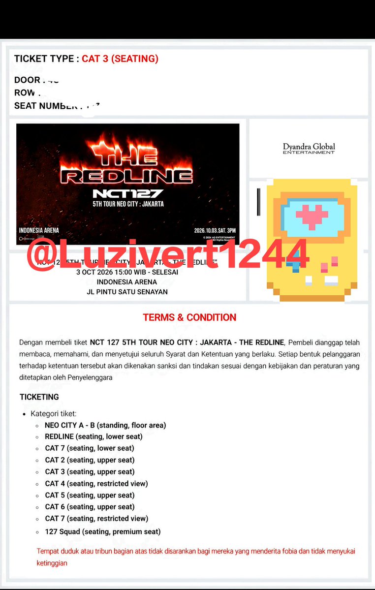 luziver1244's tweet photo. Wts NCT redline
Cat 3 , 2 tix
Wajib cod venue!!!! 
No hnr 
#nct #ncttiket #nct127_5th_neocity_the_redline_in_cinemas https://t.co/Lqldzkh0Hh
