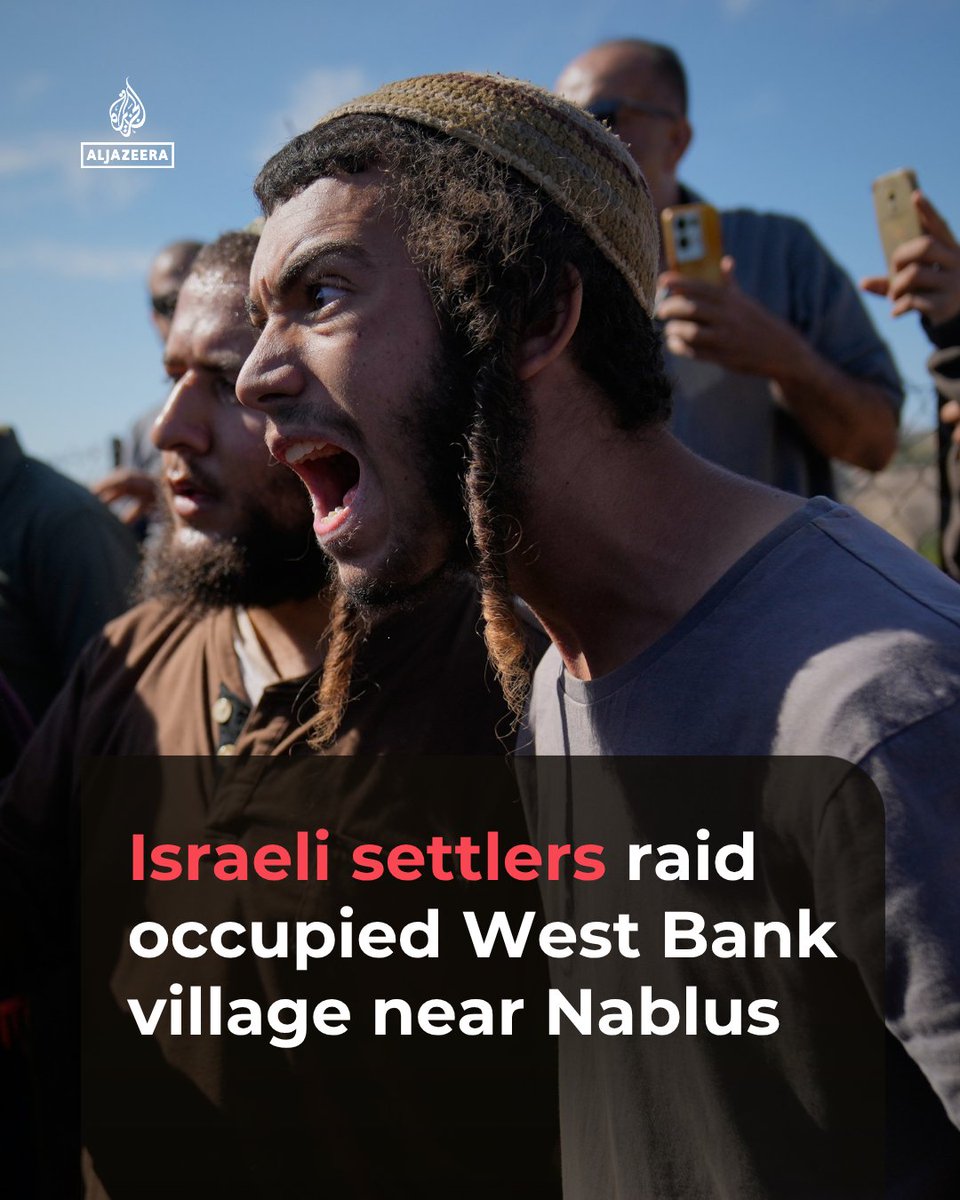 AJEnglish's tweet photo. Israeli settlers have raided the village of Awarta, south of Nablus, in the occupied West Bank.

🔴 LIVE updates: https://t.co/YzOFEBc6AC https://t.co/aM8V60CTC9