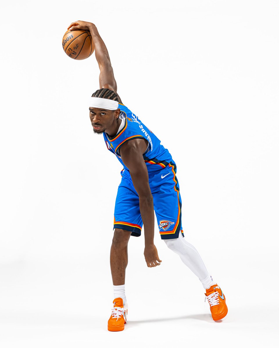 NBAKicks's tweet photo. SHAI debuted an unreleased pair of orange Virgil Abloh Archive x Nike Air Force 1 Lows at @okcthunder media day! #NBAKicks https://t.co/rRjCHBur9L
