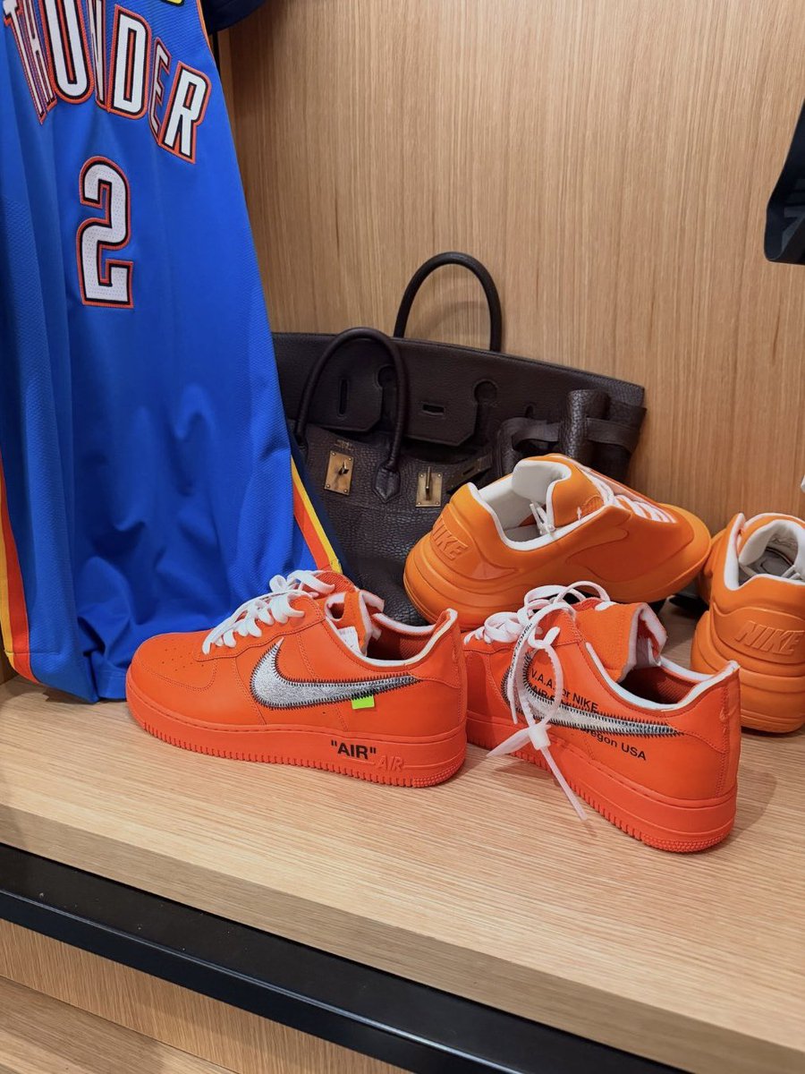 NBAKicks's tweet photo. SHAI debuted an unreleased pair of orange Virgil Abloh Archive x Nike Air Force 1 Lows at @okcthunder media day! #NBAKicks https://t.co/rRjCHBur9L