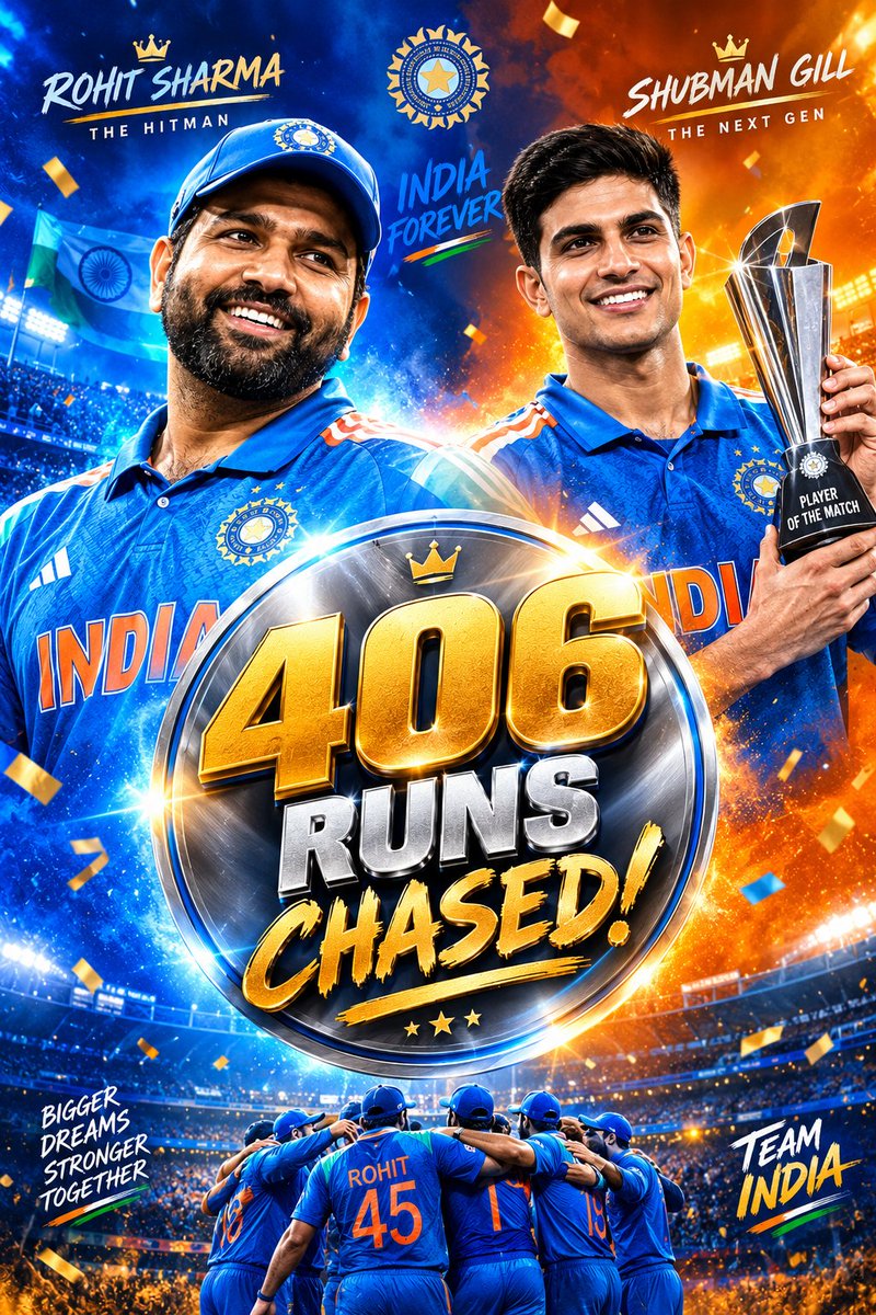 crickethub024's tweet photo. Everyone is talking about Shubman Gill 223 and Rohit Sharma 101, but chasing a massive target of 406 in just 43.3 overs is pure madness! 🤯🇮🇳
Team India created history in Guwahati tonight. Is this the greatest ODI run chase ever? 🐐💥 #INDvsWI #TeamIndia #ShubmanGill https://t.co/7vTQb1zEc8