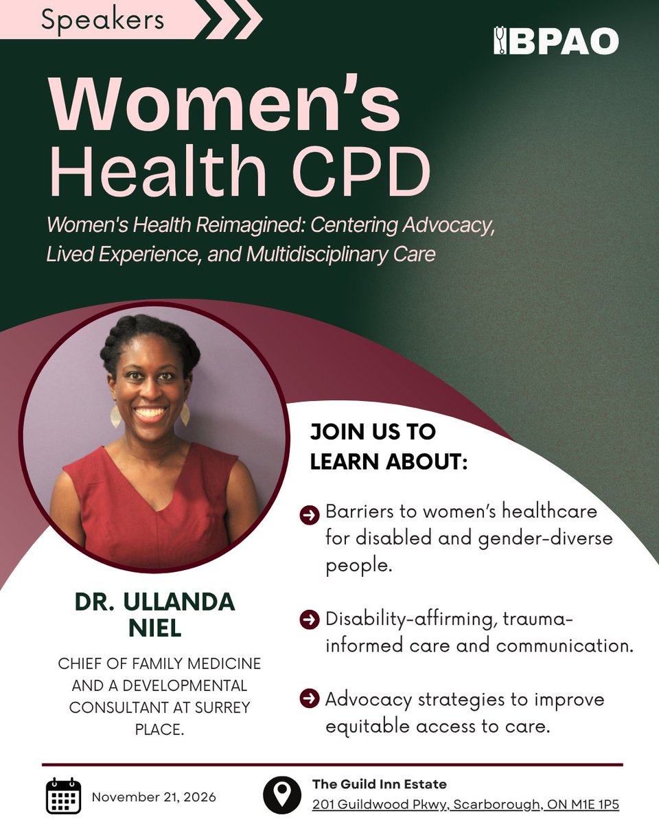 thebpao's tweet photo. Meet Dr. Ullanda Niel, joining Dr. Clover Hemans for a conversation on Disability, Advocacy, and Women’s Health at BPAO’s 3rd Annual Women’s Health CPD.

📅 Nov 21, 2026
📍 The Guild Inn Estate, Scarborough
🎟️ Save your spot: https://t.co/5wL9czbm0Y https://t.co/7NqADiPq8s