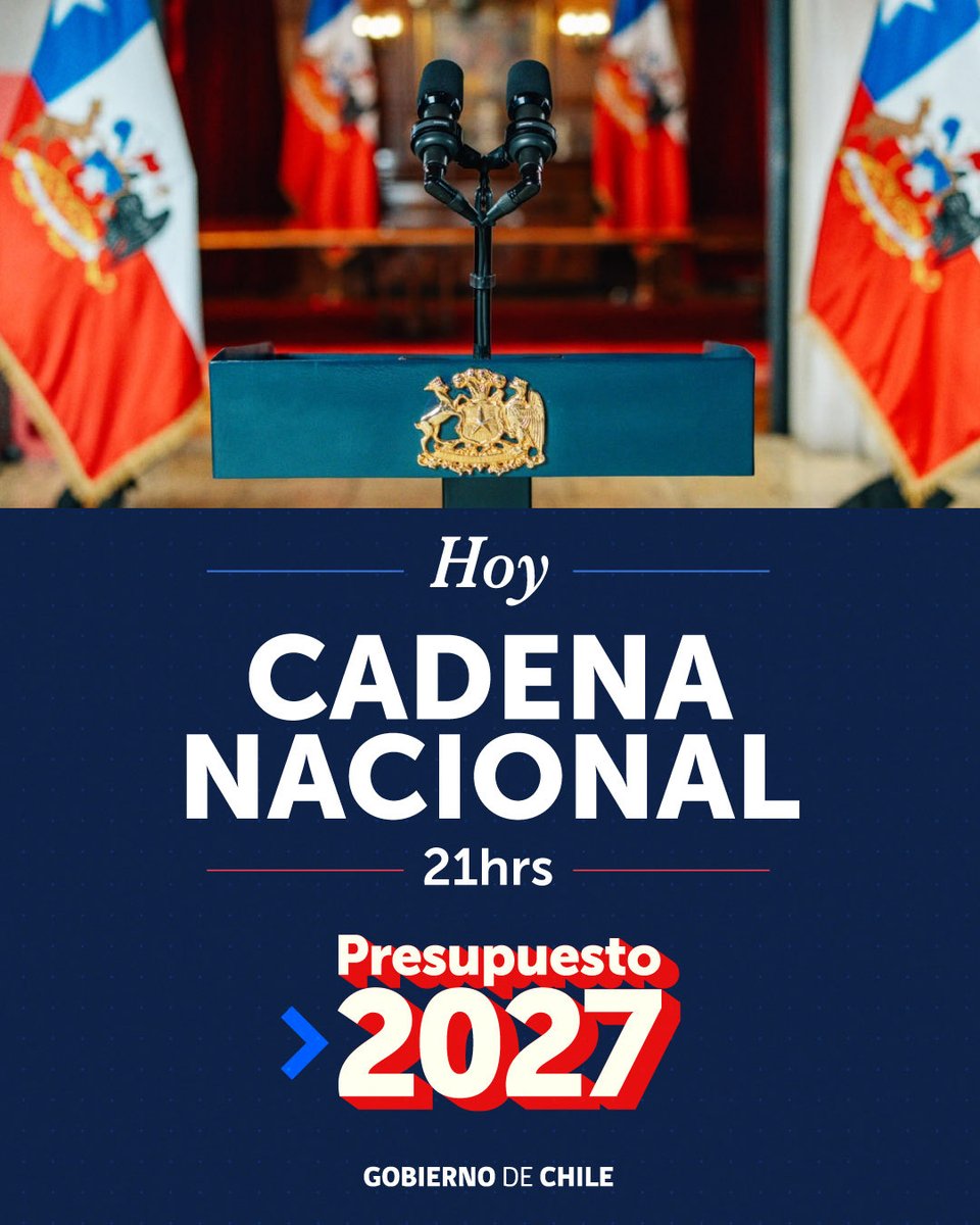 GobiernodeChile's tweet photo. Hoy, el Presidente, José Antonio Kast, se dirigirá al país a través de una cadena nacional a las 21:00 hrs.

Síguela por nuestros canales oficiales 📲 https://t.co/nQik7Wnb6u