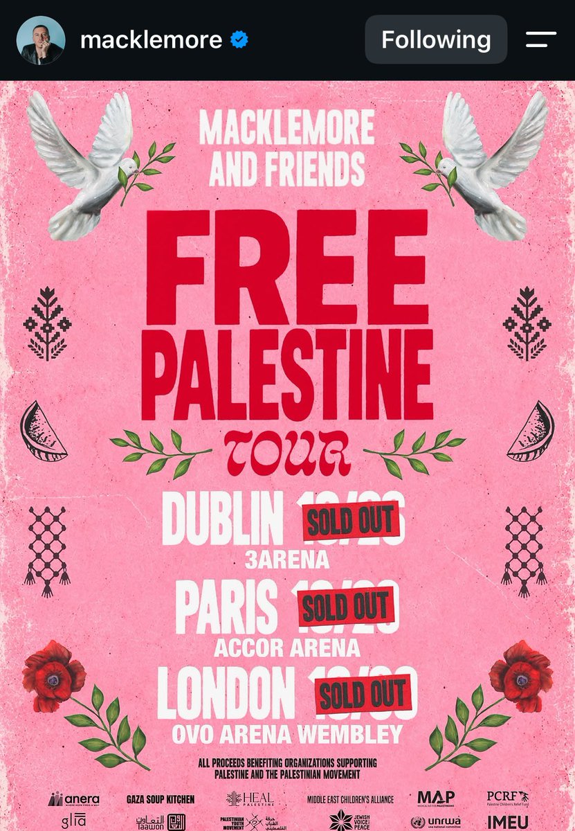 landpalestine's tweet photo. Macklemore says his 3 shows of his  Free Palestine Tour sell out within minutes 

3 shows sold out even without a lineup is literally the best thing ever https://t.co/5RHkYFPbvF