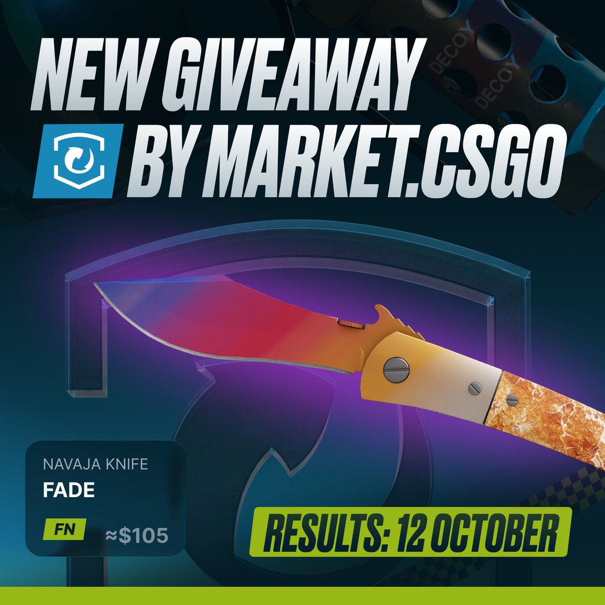 MarketCSGO's tweet photo. 🎁 Navaja Knife | Fade FN 🎁

How to Enter: 
1️⃣ Follow @MarketCSGO and @MarketCSGO_DEV
2️⃣ Retweet and like this post 
3️⃣ Write your favorite skin in the comments

⏰  Ends on October 12
🍀 Don't miss your chance to win these beautiful skin! Good luck, everyone! https://t.co/eMhzSQUhPQ