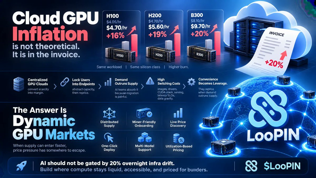 loopin_network's tweet photo. Cloud GPU inflation is not theoretical. It is in the invoice. On Oct. 1, PAYG dedicated endpoint pricing moved higher: H100 from 4.05/hr to 4.70/hr, +16%; H200 from 4.70/hr to 5.60/hr, +19%; B300 from 8.10/hr to 9.70/hr, +20%. Same workload. Same silicon class. Higher burn.

The pattern is clear: centralized GPU clouds convert scarcity into margin. Lock users into endpoints, abstract capacity, then reprice when demand outruns supply. AI teams absorb it because migration is painful: images, drivers, CUDA stack, serving, latency SLOs, data gravity. Convenience becomes leverage.

The answer is dynamic GPU markets: distributed supply, miner-friendly onboarding, live price discovery, one-click deploy, multi-model support, and rental costs shaped by utilization, not boardroom schedules. When supply can enter faster, price pressure has somewhere to escape.

AI should not be gated by 20% overnight infra drift. Build where compute stays liquid, accessible, and priced for builders. $LooPIN
