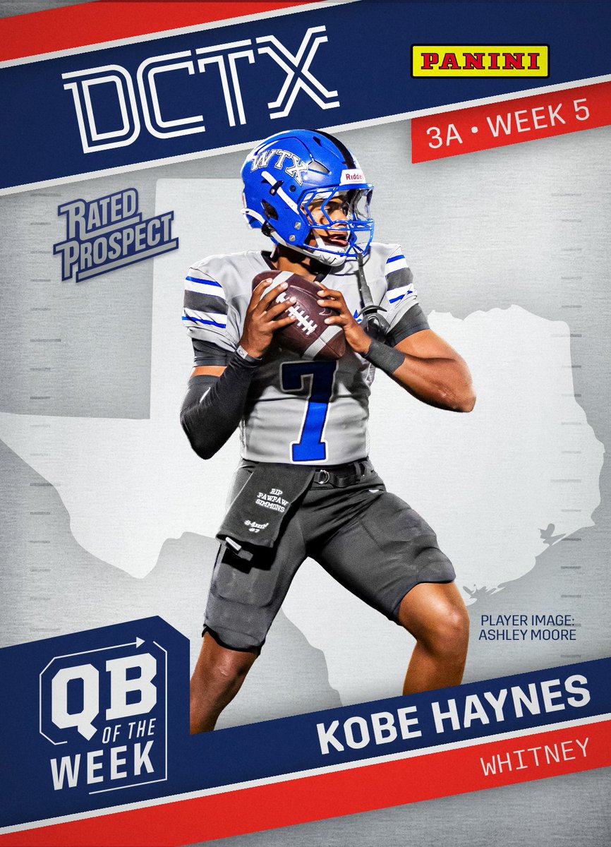 dctf's tweet photo. In 3A, @TCUFootball commit @Kobe7Haynes completed 17 passes for 221 yards and four TDs, while rushing for over 200 yards in a win for Whitney. ⚡️ https://t.co/yOvCysLcJN