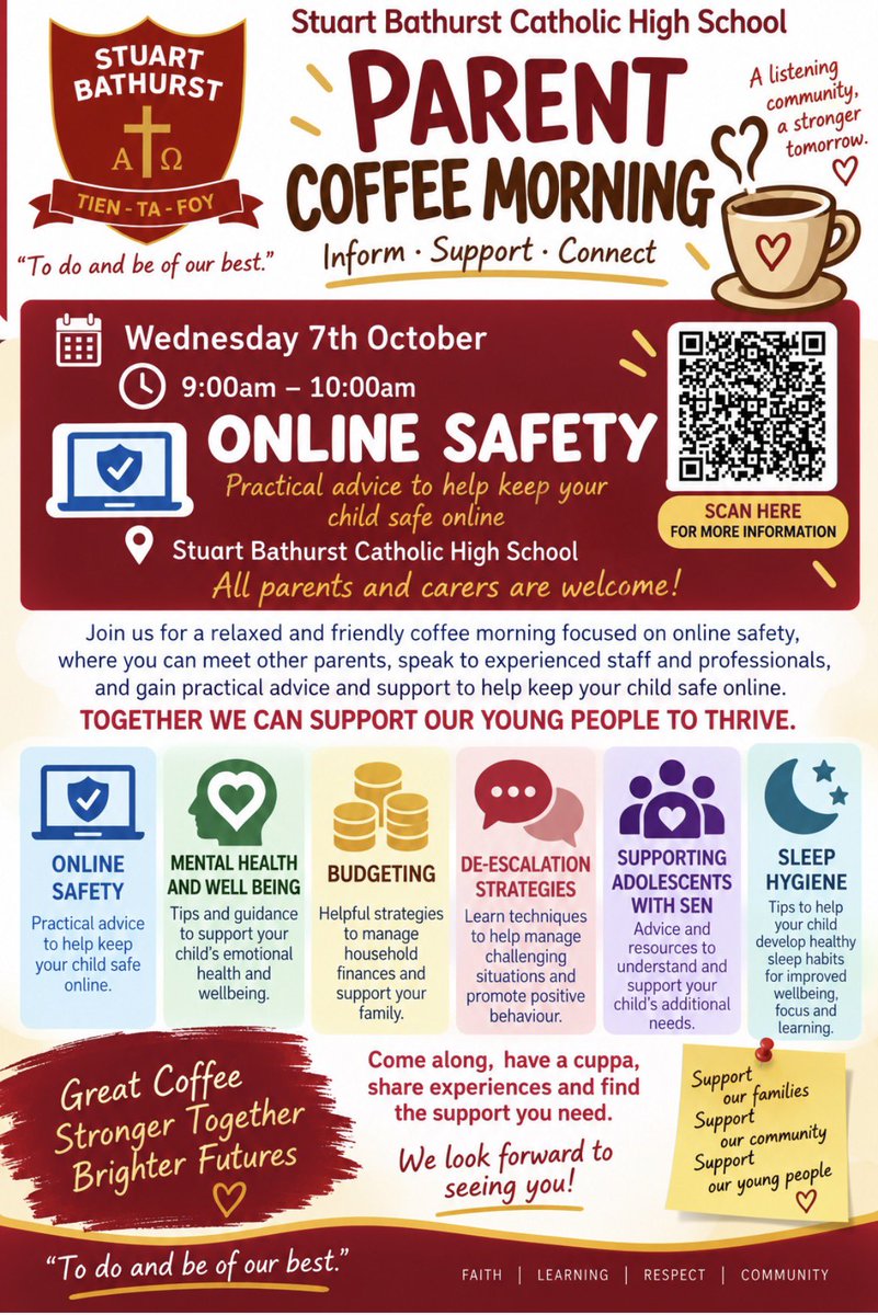 stuartbathurst's tweet photo. Join us for a relaxed and friendly coffee morning, where you can meet other parents, speak to experienced staff and professionals, and get gain support and advice on a range of important issues.
The first session is on online safety on the 7th October. 9:00an-10:00am. https://t.co/Kt2efTjCfe