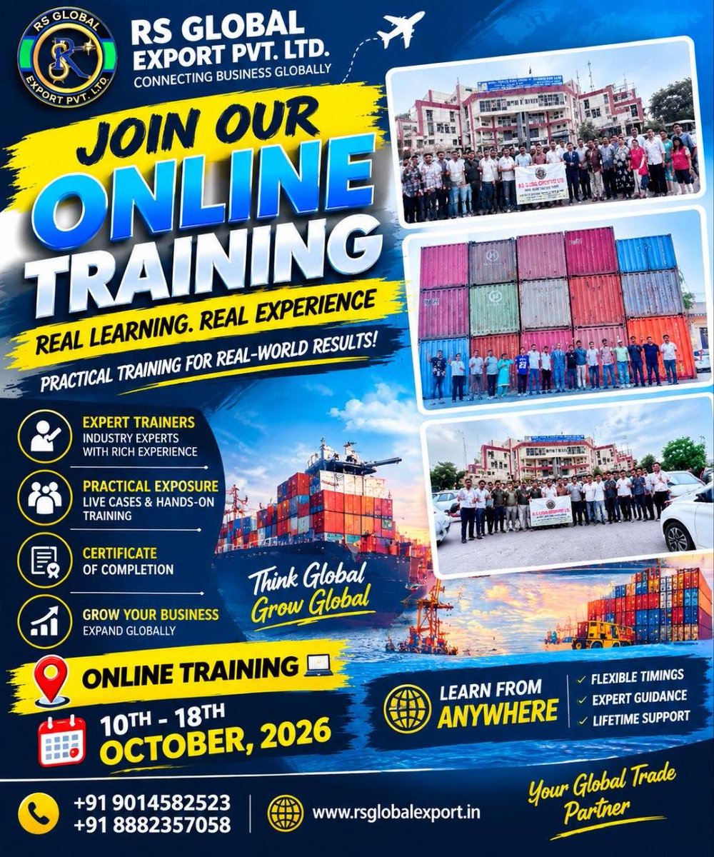Rajeev17531625's tweet photo. 🌍 Start Your Global Trade Journey with RS Global Export Pvt. Ltd. 🚢✨
Want to learn Import & Export business from industry experts? Now you can get practical knowledge, real-world strategies, and complete guidance from anywhere! 💼🌐
#rajeevsaini
#rsglobalexport
#OnlineTraining https://t.co/V8nY18TUYX