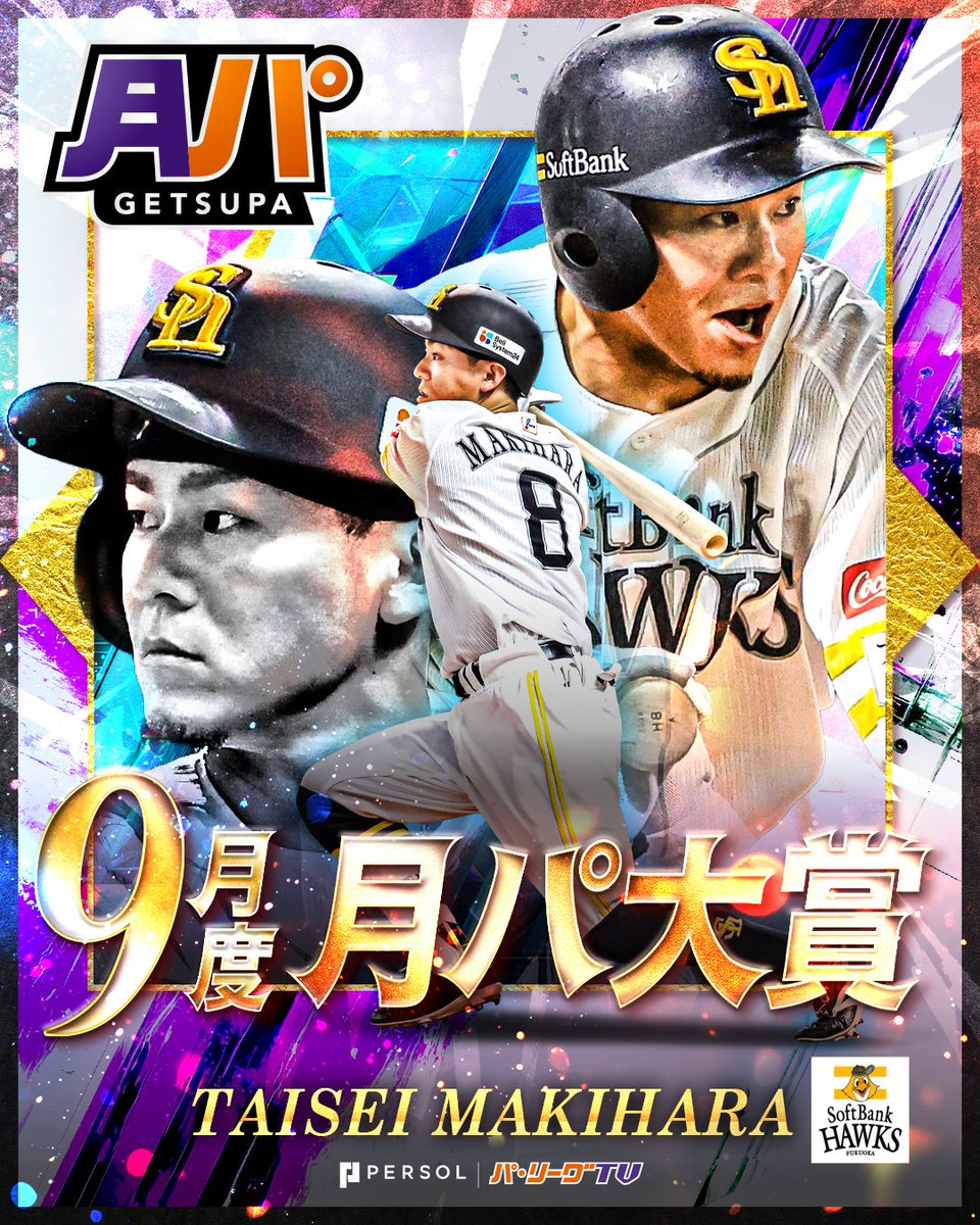 PacificleagueTV's tweet photo. ／
9月度月パ大賞㊗️
＼

月間で一番輝いた選手に送られる「 #月間月パ大賞 」✨

見事、「9月度月パ大賞」に輝いたのは……
福岡ソフトバンク #牧原大成 選手🎉

月間トップの打率.406、そしてリーグ最多の28安打でチームを牽引🔥
9月17日のオリックス戦6回表にリーグ優勝を決定づける決勝タイムリー3ベースヒットを放ち、3連覇に貢献しました‼️