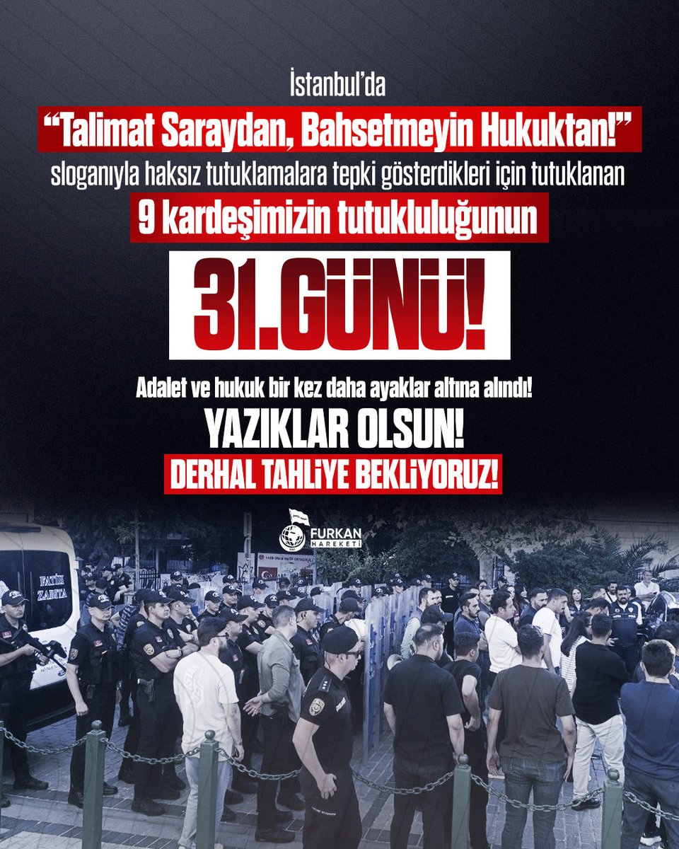 frknhrkti's tweet photo. İstanbul’da “Talimat Saraydan, Bahsetmeyin Hukuktan!” sloganıyla haksız tutuklamalara tepki gösterdikleri için tutuklanan 9 kardeşimizin tutukluluğunun 31. Günü!

Derhal Tahliye Bekliyoruz! 

#YargıEliyleZulüm
MahpusAilelerine Zulüm
AkpDönemi ZulümDönemi https://t.co/jpCMU6cEL8