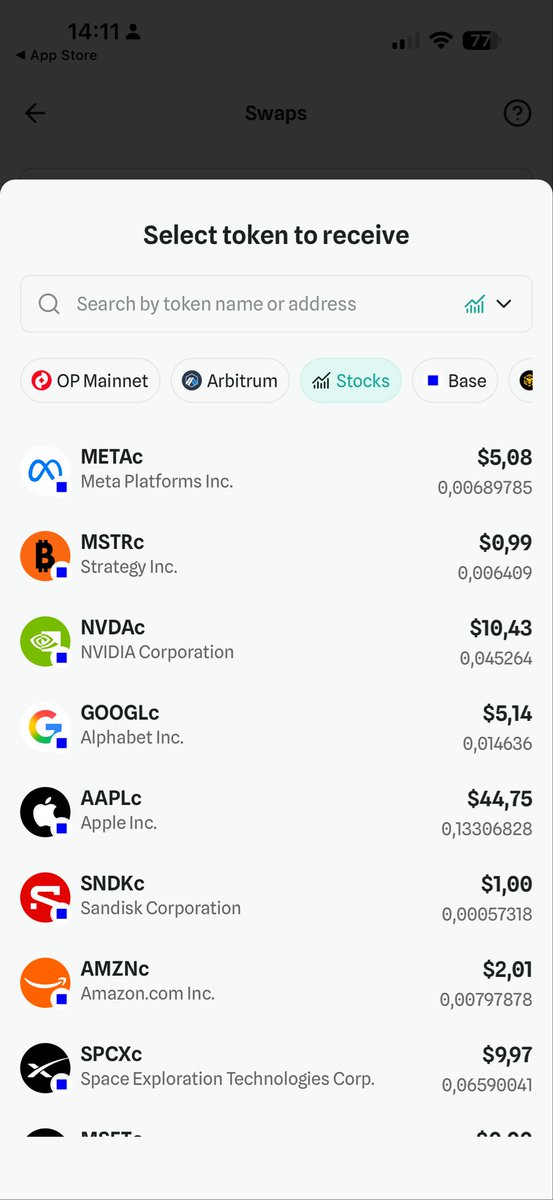 Exa_App's tweet photo. Tokenized stocks are here: just hit "Swap" and choose yours. https://t.co/iENNsfENkS https://t.co/JaGSYx05mQ