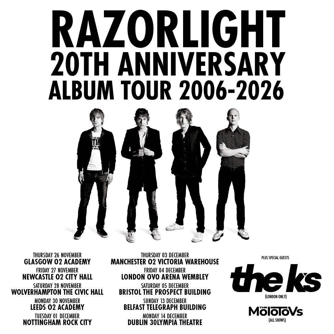 Razorlight's tweet photo. UK/IE! The ‘Razorlight’ 20th anniversary tour kicks off in November. Excited to have The Molotovs joining us for all shows, with The K’s also joining for London

Who’s got their tickets already? 🎫

https://t.co/Bi2Fd2hNv2 https://t.co/KlijrX5njV