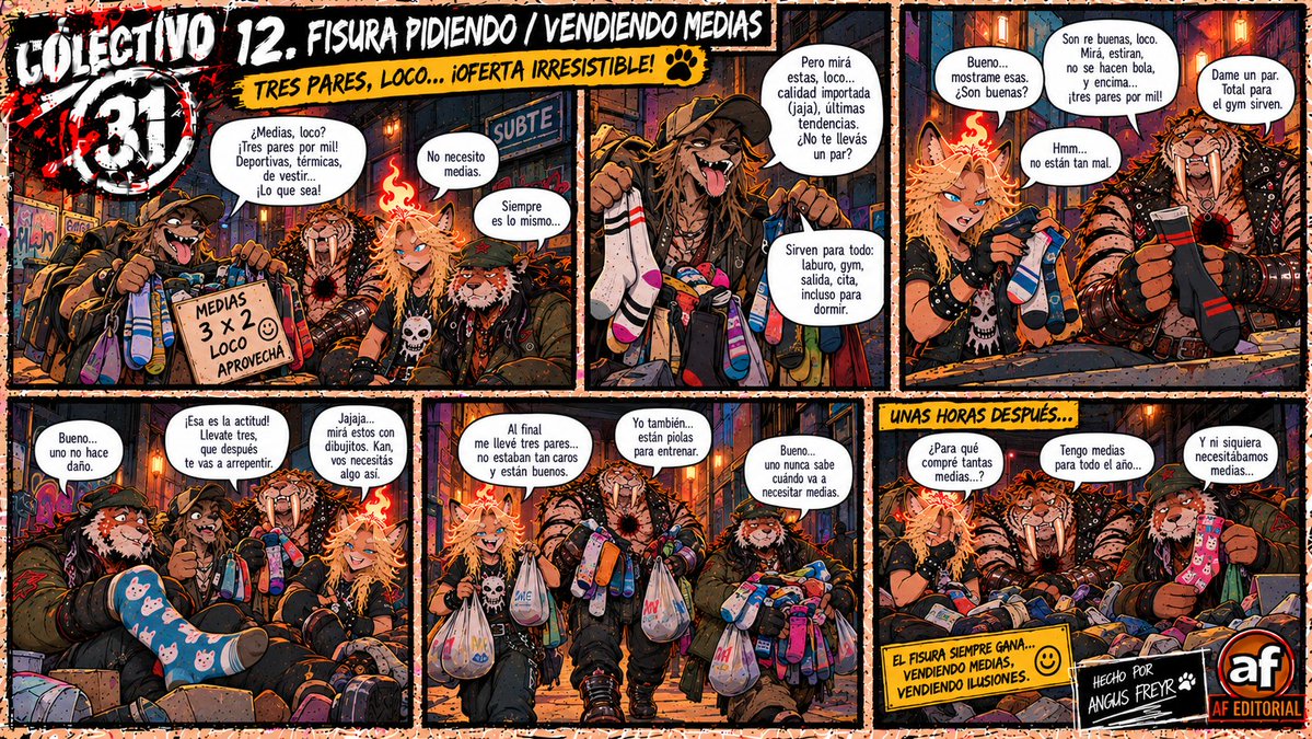 AngusFreyr's tweet photo. 🧦💀CUANDO EL FISURA TE VENDE MEDIAS Y TERMINÁS COMPRANDO TODO EL STOCK 💀🧦🐾 | COLECTIVO 31
🔥
#Colectivo31 #Furros #Furry #FurryArgentina #FurryLatam #FurryMeme #HumorFurry #FurroArgentino #Fisura #Fisuras #Tumberos #HumorTumbero #HumorArgentino #HumorBarrial #MemeArgentino #MemeFurry #FurryComic #Medias #VendedorDeMedias #HumorAbsurdo #Anthro #Argentina #Cordoba #Xander #Kan #Qwon #AFEditorial #Viral 🧦💀🐾🔥