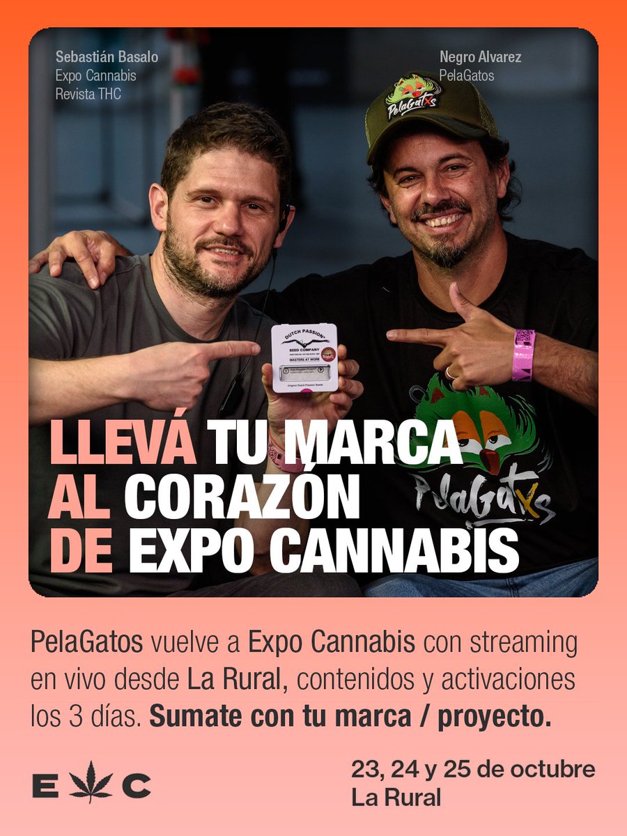 PelaGatosReggae's tweet photo. 💨 TU MARCA PUEDE SER PARTE DE EXPO CANNABIS🌱Este año PelaGatxs se planta con un espacio propio de 36 m² y 3 días de contenido, streaming en vivo, entrevistas, música, juegos, activaciones y comunidad.
📩 ¿Tenés 1 marca o proyecto y querés aprovechar esta vidriera? Escribinos https://t.co/rS48OuKwnX