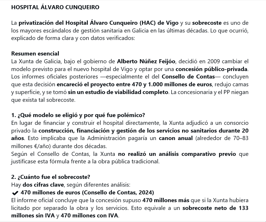 ferna1_diez's tweet photo. La privatización del Hospital Álvaro Cunqueiro (HAC) de Vigo y su sobrecoste bajo el gobierno de Alberto Núñez Feijóo, es uno de los mayores escándalos de gestión sanitaria en Galicia en las últimas décadas. Lo que ocurrió, explicado de forma clara y con datos verificados https://t.co/mkTOY0RWYP