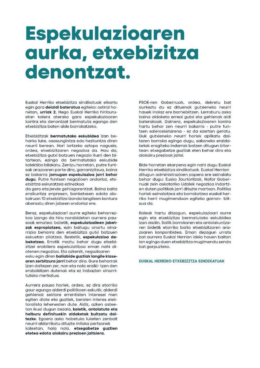 ehessarea's tweet photo. 🟢Espekulazioaren aurka etxebizitza denontzat!

Euskal Herriko etxebizitza sindikatuok manifestazioa deitu dugu Hego Euskal Herriko hiriburuetan urriaren 2an. 

➡️Etxebizitza eskubide bermatua izan dadin, espekulazioarekin amaitu behar dugu. 

Kaleak hartzeko unea da! https://t.co/6rz2wFZDKK