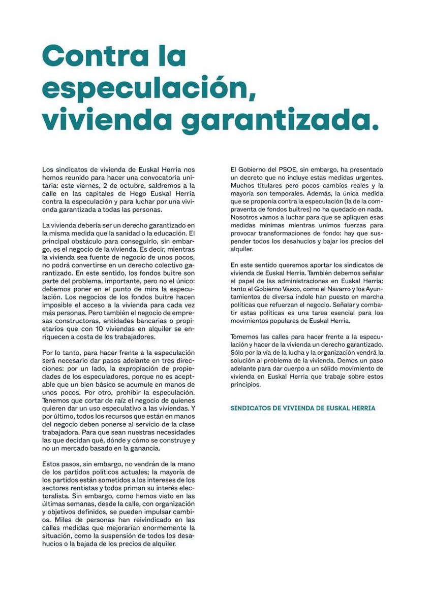 ehessarea's tweet photo. @AzTaldea @AuzoanBizi @SaretxeG @haritu_sarea @batuelkar 🟢¡Contra la especulación, vivienda garantizada!

Los sindicatos de vivienda de Euskal Herria convocamos manifestaciones el 2 de octubre

➡️Para garantizar el derecho a la vivienda debemos acabar con la especulación

¡Es momento de tomar las calles! https://t.co/1Sx2mSIjk1
