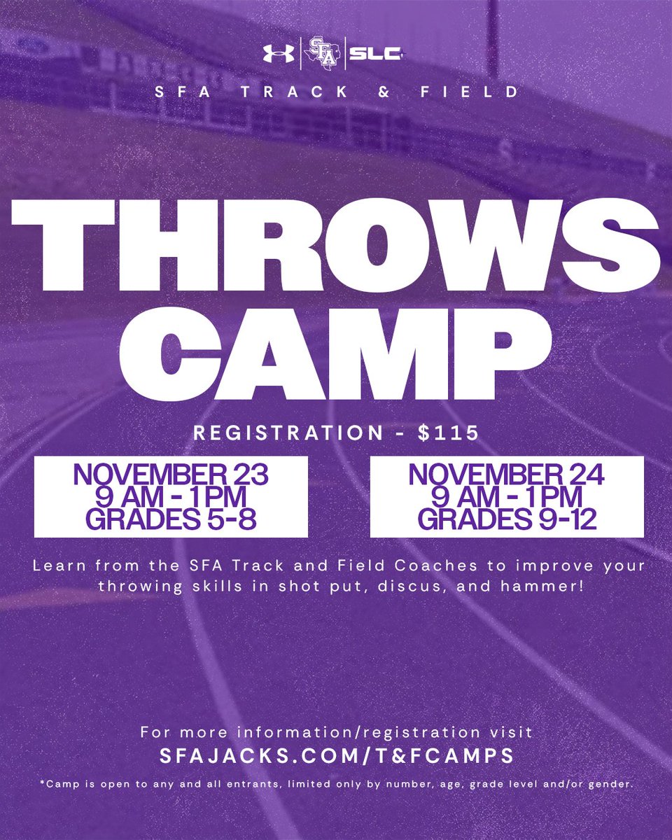 SFA_TFXC's tweet photo. TIME TO LET IT FLY💨

Join SFA T&amp;F coaches as we break down technique, build power and elevate your throwing game! 
🔗: https://t.co/zc7ChWhPaR

#AxeEm https://t.co/fsIAolJpdr