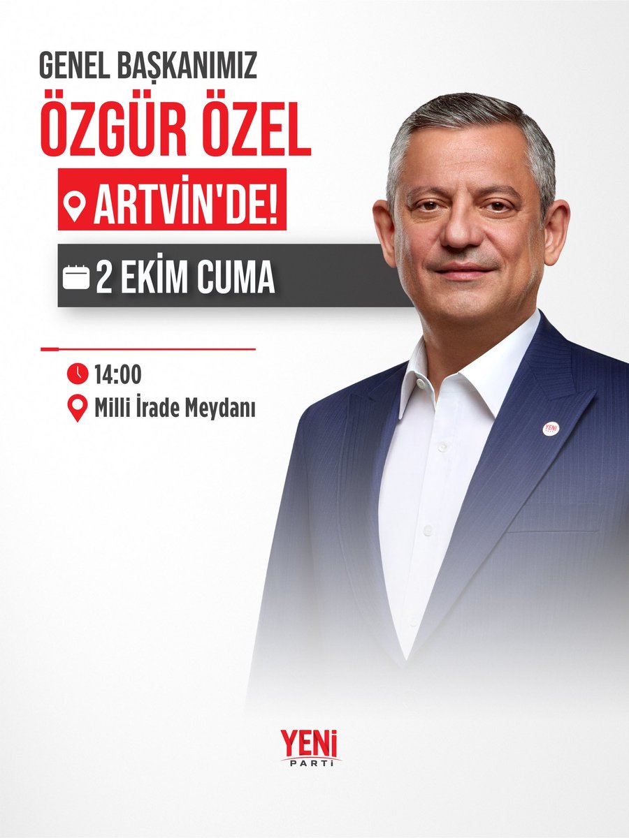 MTanal's tweet photo. Genel Başkanımız Sayın Özgür Özel, 2 Ekim Cuma günü Artvin’de !

🗓 2 Ekim Cuma
🕑 14.00
📍 Milli İrade Meydanı https://t.co/VfJxF432gx