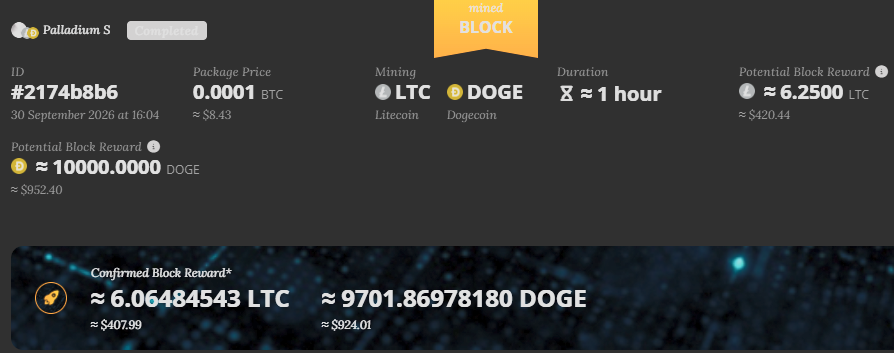 minepadsol's tweet photo. 🚨 THE FIRST MINEPAD SOLO MINER JUST MINED A BLOCK.

If that was YOU, come out and say hi. We want to meet you 😂

It didn’t take long. ⛏️

This wallet started just 2 solo mining packages: one DOGE and one ZEC, investing only 0.2 SOL in total.
https://t.co/1wm0N2nkxT

The DOGE package HIT.

The mined block contained:

Ð ≈10,000 DOGE
Ł ≈6.25 LTC

Combined value: ~$1,320.

Once the rewards matured everything executed automatically:

💰 90% → SOLO MINER (~$1,188)
https://t.co/FnaaDDDo7R

🔥 10% → solana:2EUKLvNQ63YCmjSDyJ14Tzj7ASeHGXgseYWrKAa2mine buyback + burn (~$132)
https://t.co/u6j0WYVgmN

~$23 in mining packages.
~$1,320 block reward.

Exactly as designed.

Connect wallet → Start package → Mine block → Get paid.

Our first solo miner has officially completed the entire solana:2EUKLvNQ63YCmjSDyJ14Tzj7ASeHGXgseYWrKAa2mine loop.