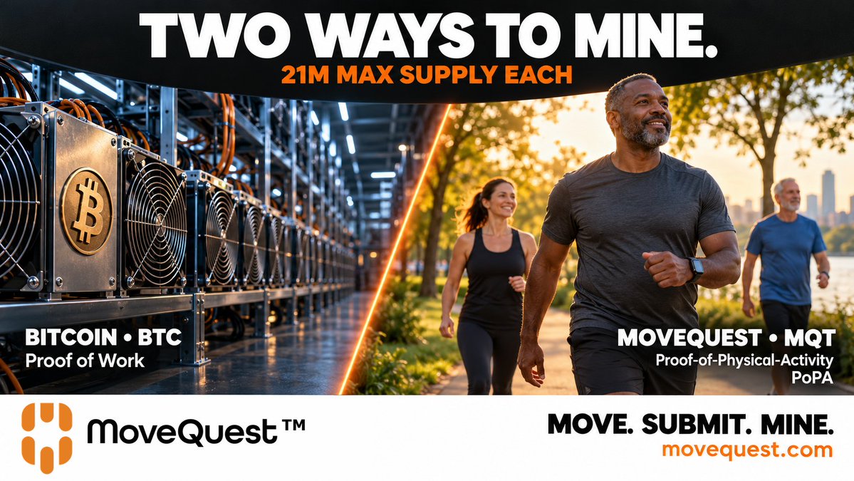 MoveQuestMQT's tweet photo. 21 million. Two different ways to mine.

Bitcoin ($BTC) and MoveQuest ($MQT) share a 21 million maximum supply. The difference is how you participate.

⚡ BITCOIN: PROOF OF WORK
Bitcoin miners use computing power to secure the network. Competitive mining involves specialized hardware, electricity, and ongoing operating costs.
👟 MOVEQUEST: PROOF-OF-PHYSICAL-ACTIVITY (PoPA)
MoveQuest connects tracked physical activity to mining MQT. Connect your health data, activate your MoveQuest miners, and submit your activity daily.

Walk. Work out. Move at your own pace.
You don’t need a warehouse full of mining equipment to participate. You need a wallet, compatible activity tracking, and MoveQuest miners. Free Phantom miners offer a starting point; submission and network fees apply.

That’s what makes MoveQuest worth exploring early: everyday people can participate in crypto mining through activity they already do.

The ecosystem is live. The invitation is open.

Be early to the movement.

Move for your health. Mine for your wealth.

Explore: https://t.co/66qSTR9ZC4

#MoveQuest #MQT #PoPA #Bitcoin