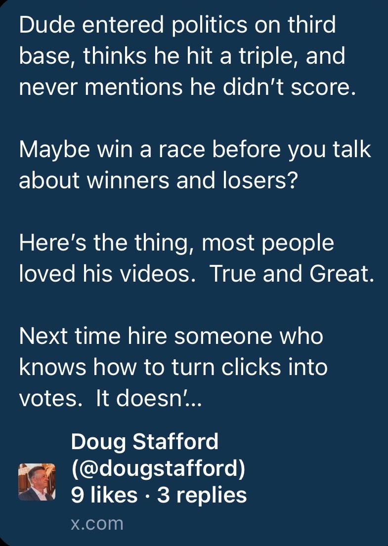 spencerpratt's tweet photo. Proving my point, Doug tried to attack me, but he forgot that he only got 4.5% in Iowa. Not so easy when you step off third base out of your deep red bubble, huh? 

Well, he deleted his tweet. The consultant class really isn’t sending their best. Come run a race in LA, bro! Bring that 4.5% magic with you!