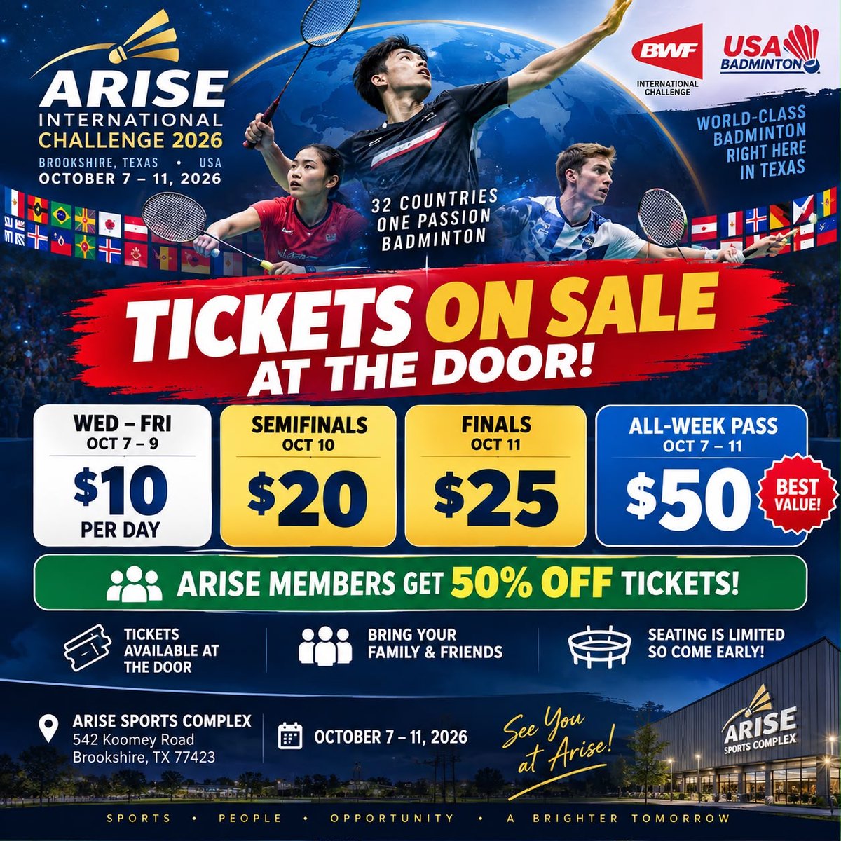 trainingatmbc's tweet photo. ๐ธ๐ฅ BROOKSHIRE, ARE YOU READY?! ๐ฅ๐ธ
The ARISE International Challenge 2026 is coming to Texas! ๐๐ธ
#ARISEInternationalChallenge #Badminton #BadmintonTexas #BrookshireTX #ARISESportsComplex #BWF #USAโโBadminton #WorldClassBadminton #TexasSports #BadmintonTournament #ARISE2026 https://t.co/E4Wb7Q2YV5
