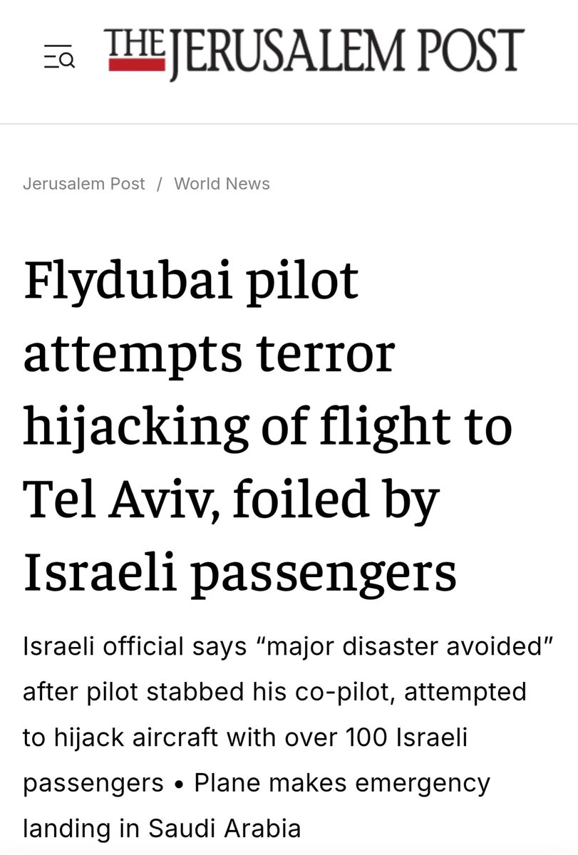 C0sM1ke's tweet photo. Amazing team work 💪
🚨 Flydubai flight to Tel Aviv makes emergency landing in Saudi Arabia after co-pilot stabs captain in mid-air hijacking & suicide attempt.
Passengers and off-duty crew breached the cockpit to neutralize the attacker. 

An onboard Israeli doctor treated the captain, while backup pilots safely landed the Boeing 737 in Tabuk. Saudi authorities have arrested the suspect. All 174 passengers are safe.
Israel has suspended Flydubai flights pending a full investigation. ✈️