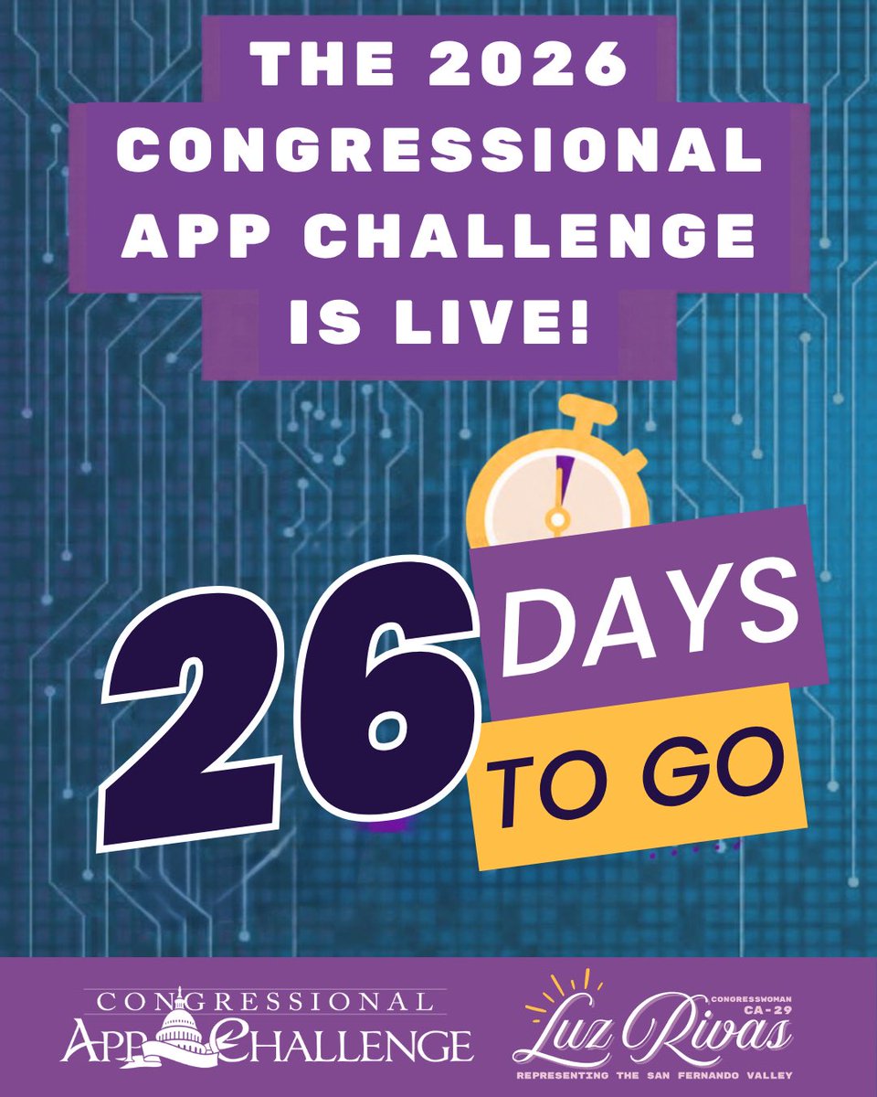 RepLuzRivas's tweet photo. 🚨Attention future STEM leaders across CA-29🚨

You have 26 DAYS to submit an application for the Congressional App Challenge!

This is a great opportunity for middle and high school students interested in STEM to flex their skills.

Click the link in my bio to learn more! https://t.co/Jq9OiOjW3R