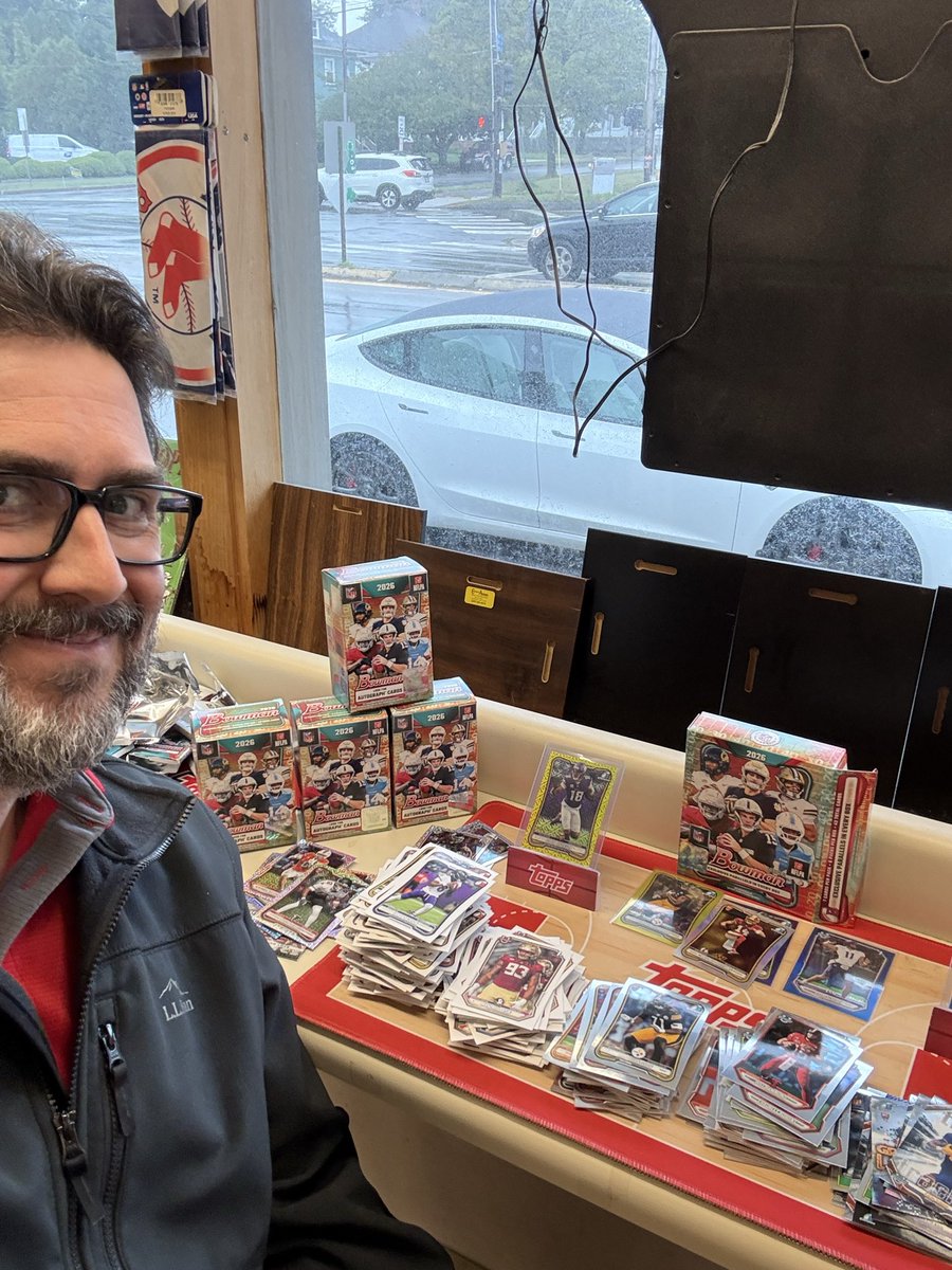 ericnusbaum's tweet photo. Fun morning opening 2026 Bowman Football at my LCS Don’s Sports Card Center here in Portland, Maine! 🦞 https://t.co/Qa5PFjRPW3