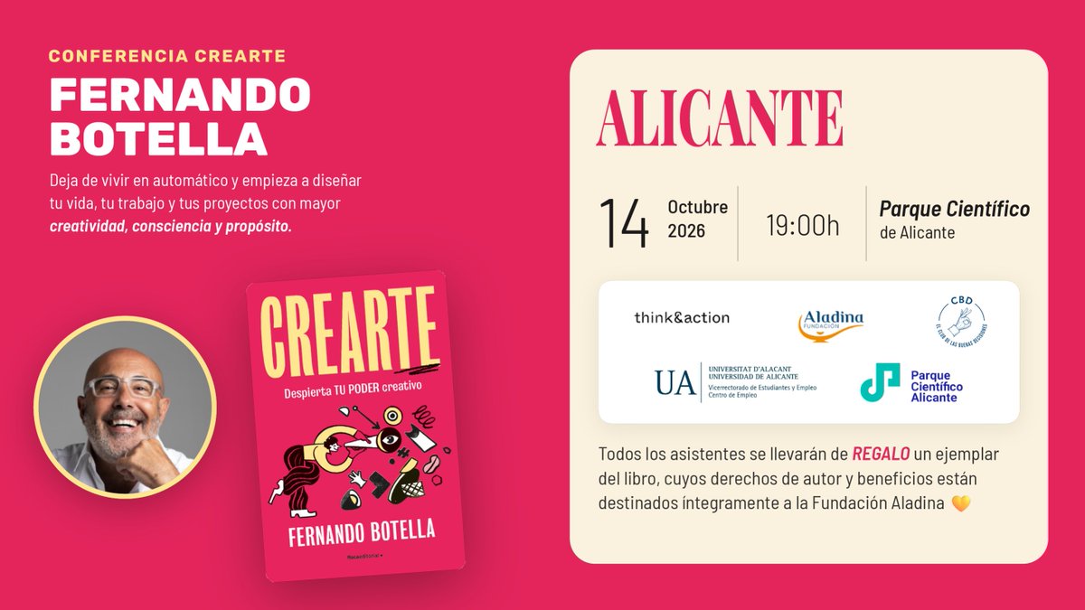 CBDecisiones's tweet photo. El próximo miércoles 14 de octubre te esperamos en «CREARTE. Despierta tu poder creativo». Una conferencia inspiracional y experiencial a cargo de Fernando Botella, CEO de Think&amp;Action.

Inscripciones: https://t.co/ZdAg73yzgd

#CBDecisiones #Conferencia #Creatividad https://t.co/iiVKyj9f5L