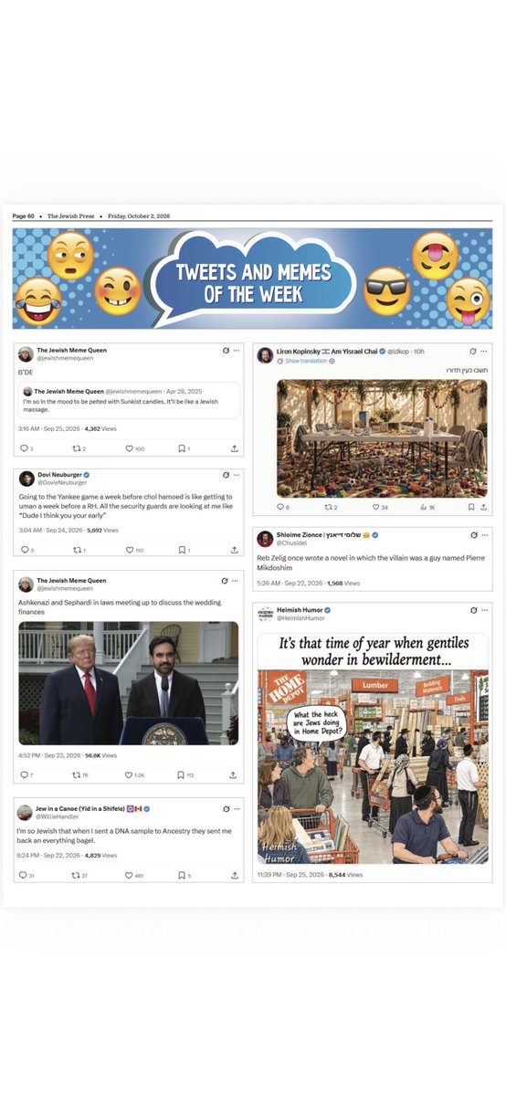 moshe_kolat's tweet photo. .@TheJP1960 
Tweets of the week 
@jewishmemequeen 
@DovieNeuburger 
@WillieHandler 
@Chusidel 
@ldkop 
@HeimishHumor 
@DBashIdeas 
@Chrome_Tzitzit 
@IlanBlock https://t.co/N0D1SB0I0y