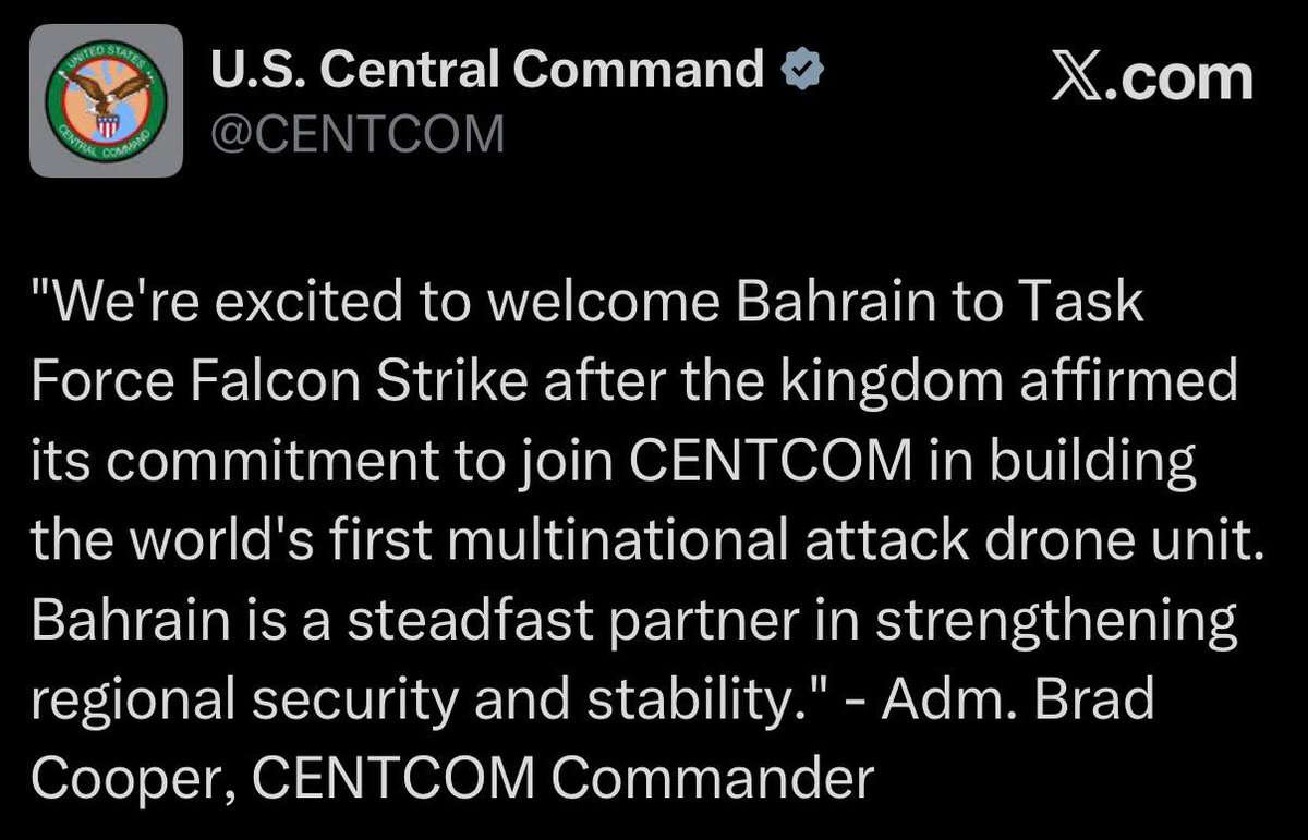 MahalaxmiRaman's tweet photo. 🇺🇸🇧🇭🇮🇷⚡️ — U.S. Central Command announces #Bahrain has joined the Task Force #FalconStrike multi-national one-way attack UAV force. This is the first country publicly announced to have joined this initiative by #CENTCOM. https://t.co/uv2e7n1Rw8