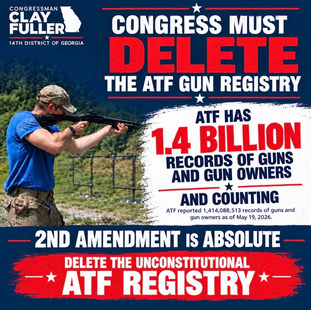 A political campaign-style graphic for a Georgia congressman, with a man aiming a rifle outdoors beside a large red, white, and blue message opposing the ATF gun registry. The image includes extensive text and patriotic stars and stripes.