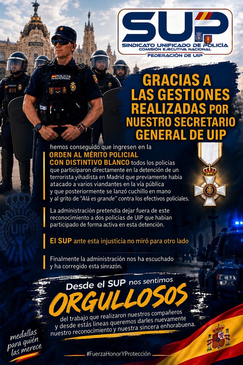 FuipSup's tweet photo. Tras las gestiones realizadas por nuestro secretario general de UIP @GrmSpqr se ha reconocido con la medalla blanca a todos los policías que participaron directamente en la detención de un terrorista yihadista en Madrid
#MedallasParaQuienLasMerece
#FuerzaHonorYProtección ⚔️🦁🛡️🇪🇸 https://t.co/e96ltDWLu8
