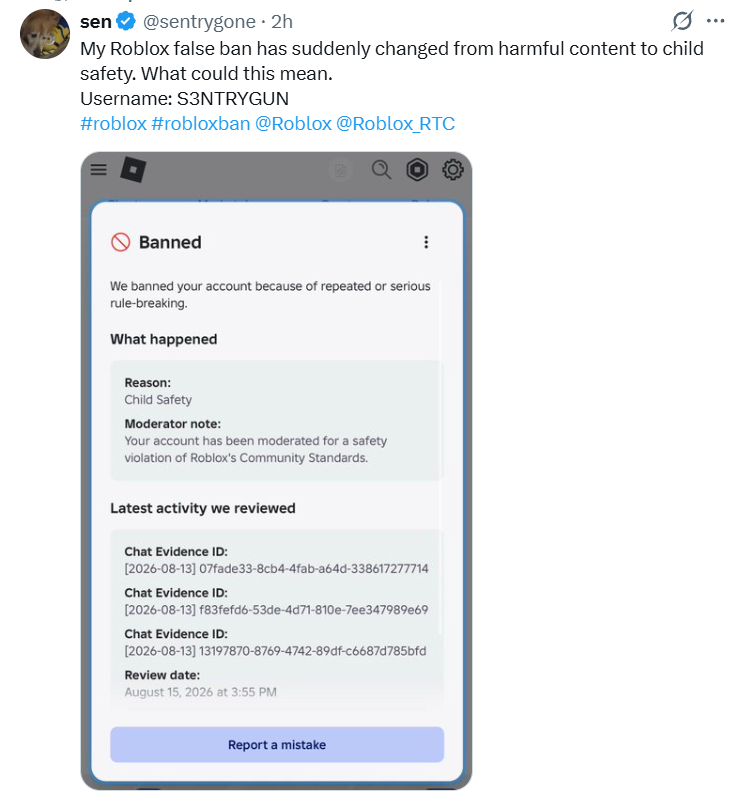 Maxz33Purityz's tweet photo. Anybody open to talking about this new banwave hitting the platform because of the AI moderation flagging false positives; Harmful Content/Behavior was suddenly changed to "Child Safety" and thousands have been banned for it.
@realRubenSim @RealSchlep @Roblox @Roblox_RTC https://t.co/wfX0PfDM2v