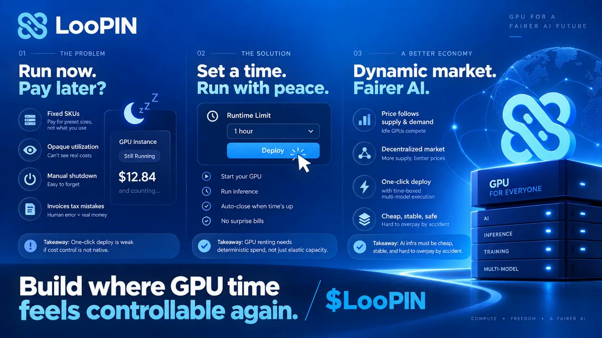 loopin_network's tweet photo. Rent a GPU for one hour. Run inference. Forget the console. Wake up to an idle instance still billing. That is not a UX bug. It is the economics of centralized GPU clouds: fixed SKUs, opaque utilization, manual shutdown, invoices that tax human error. Takeaway: one-click deploy is weak if cost control is not native.

Runtime limits expose the missing primitive. Users set how long a deployment should run. When time is up, it auto-closes. The use case is simple: rent a GPU for an hour, finish the job, avoid surprise bills from forgetting to terminate. Takeaway: GPU renting needs deterministic spend, not just elastic capacity.

Status quo sells convenience, then monetizes drift. Decentralized dynamic markets invert it. Price follows supply and demand, idle GPUs compete, and one-click deploy pairs with time-boxed multi-model execution. Takeaway: AI infra must be cheap, stable, and hard to overpay by accident.

Build where GPU time feels controllable again with $LooPIN
