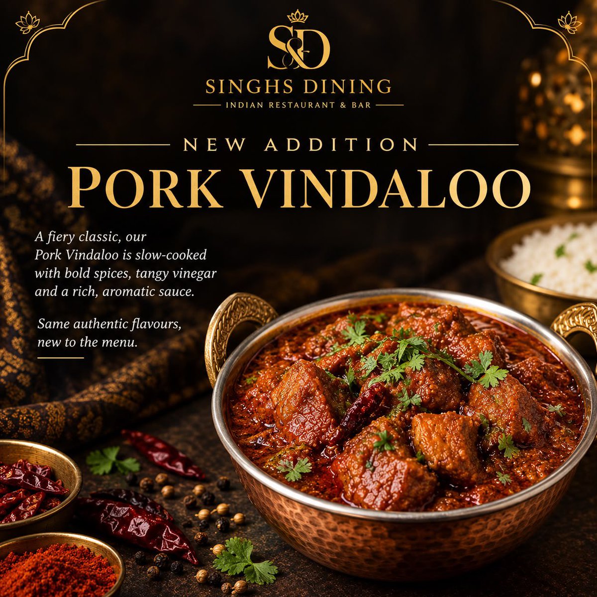 kingkapoor72's tweet photo. 🔥 NEW ON THE MENU 🔥

Our Pork Is Non-Halal Introducing our Pork Vindaloo — rich, bold, tangy and packed with flavour. 🌶️🍖 A slow-cooked classic with tender pork and a beautifully spiced sauce, made for those who love a little heat.

📍 Singhs Dining, 32 Fulham Palace Road, Hammersmith W6 9PH
✨ Come taste our newest addition.
Book now at: https://t.co/BXit1iJAYM

#SinghsDining #PorkVindaloo #NewOnTheMenu #IndianFood #Hammersmith #LondonFood