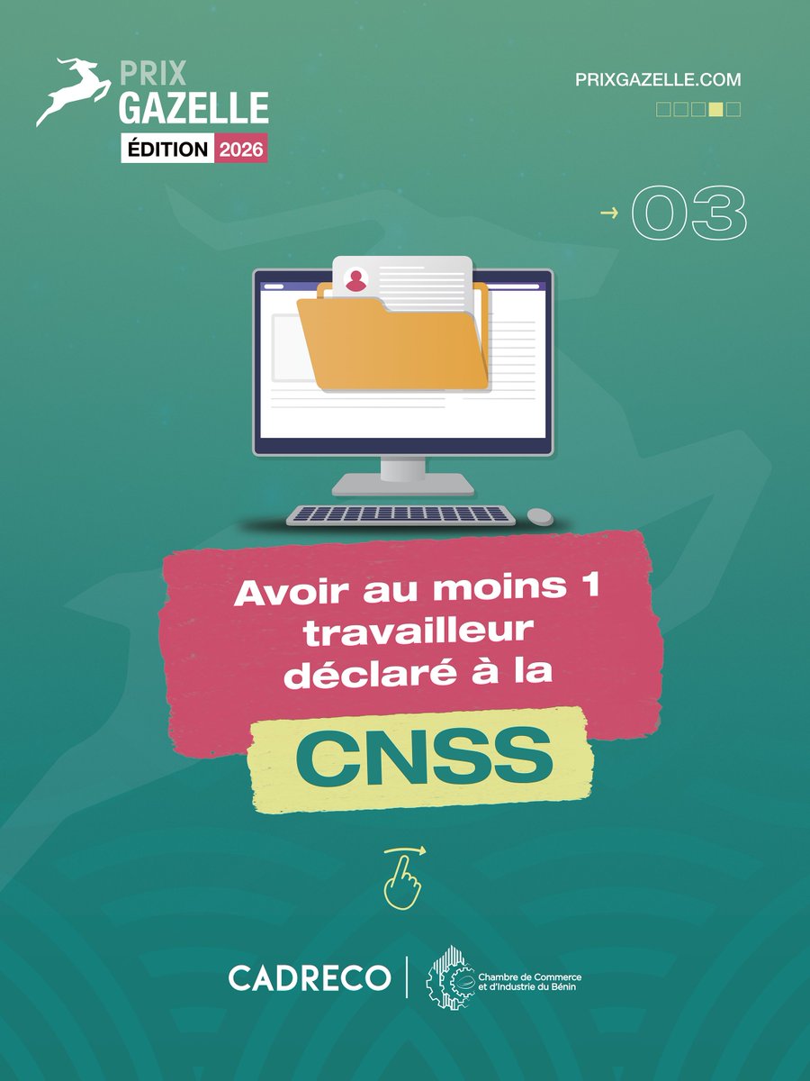 PrixGazelle's tweet photo. ✅ Avoir au moins 1 travailleur déclaré à la CNSS

✅ Être à jour de vos obligations fiscales et avoir clôturé au moins 3 exercices comptables.

Votre organisation répond aux quatre critères mentionnés précédemment ?

Soumettez votre candidature via ce lien : https://t.co/AvgKjIY9gV

Soyez le prochain symbole de l’excellence entrepreneuriale au Bénin avec le Prix Gazelle.

@ccibenin | @CADRECOMEDIA 

👉 Suivez-nous pour ne rien manquer de l’actualité de la 2ème édition du Prix Gazelle !