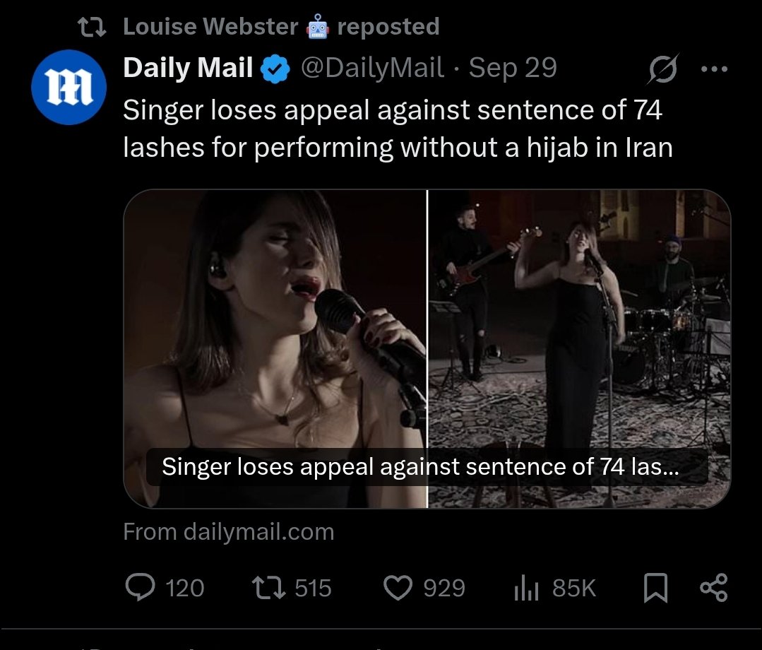 AjaTheEmpress's tweet photo. In Iran,  women are being sentenced to 74 lashes for not wearing their misogyny scarfs.

Meanwhile, in the UK, they are trying to sanitise the misogyny scarf by comparing it to the veil Mary wore 2,000 years ago. https://t.co/dOa6oryQ01