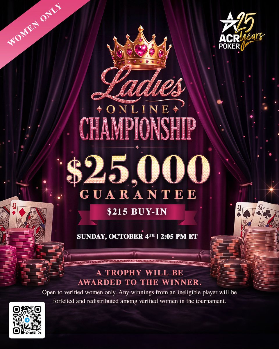 katelinds's tweet photo. The Ladies Online Championship is happening this Sunday only on @ACR_POKER and I’m going to give away 2 $215 seats to the event. 🩷

To qualify: like and RT this post and tell me why I should pick you. I will announce my winners this coming Saturday. 

It should go without saying but this is for ladies only. If any man decides to play this event they will have any winnings confiscated and redistributed to the remaining women and your buy in will not be refunded. Let’s just sit this one out boys!! 👯‍♀️