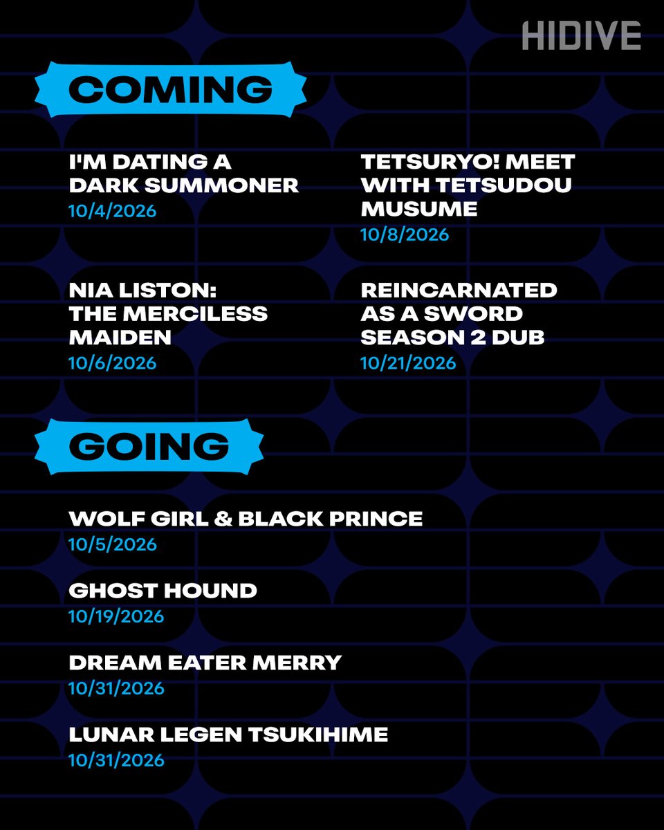 HIDIVEofficial's tweet photo. See what’s coming to and leaving HIDIVE this October 👀 For the complete lineup and more details, check out our blog.

➡️ https://t.co/71k732nxOT https://t.co/yazNK1fnLe