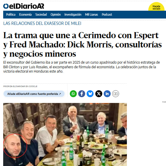 JulianMaciasT's tweet photo. La campaña de José Luis Espert asesorado por Dick Morris fue financiada por el mayor narco de Argentina, Fred Machado, que también pagó los vuelos de Dick Morris, su candidato a vice era Luis Rosales, socio de Dick Morris y Cerimedo en su academia de consultores. https://t.co/GYmrV8PZvk