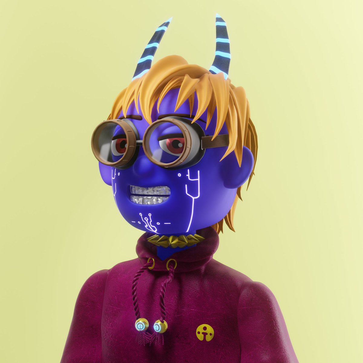 chromedao's tweet photo. First look: Chrome #51

Steampunk glasses and flat horns over a quiet smile, silver teeth in the swamp glow. Purple hoodie, Delicate Vision Red eyes. Soft marsh haze meeting hard edges.

https://t.co/YOKZJF0Wz6

#Solana #NFT #ChromeDAO https://t.co/odUSkAzY10