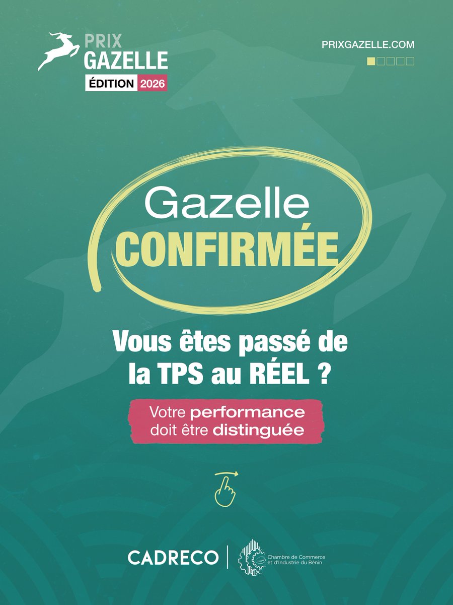PrixGazelle's tweet photo. Votre performance a une histoire : Le Prix Gazelle vous la fait raconter

Le succès d'une entreprise ne se mesure pas uniquement à sa taille, mais à sa capacité à créer durablement de la valeur. Si votre organisation affiche une croissance soutenue sur les trois derniers exercices fiscaux, il est temps de faire valoriser votre parcours.

Votre entreprise a-t-elle transitionné du régime TPS vers le régime Réel lors du dernier exercice comptable ? Saisissez votre chance de devenir une Gazelle Confirmée en vérifiant votre éligibilité à partir des critères suivants :

✅ Avoir réalisé un chiffre d’affaires d’au moins 10.000.000 FCFA au titre de l’exercice de référence (Année 1)

✅ Avoir enregistré une augmentation d’au moins 50% du chiffre d’affaires chaque année