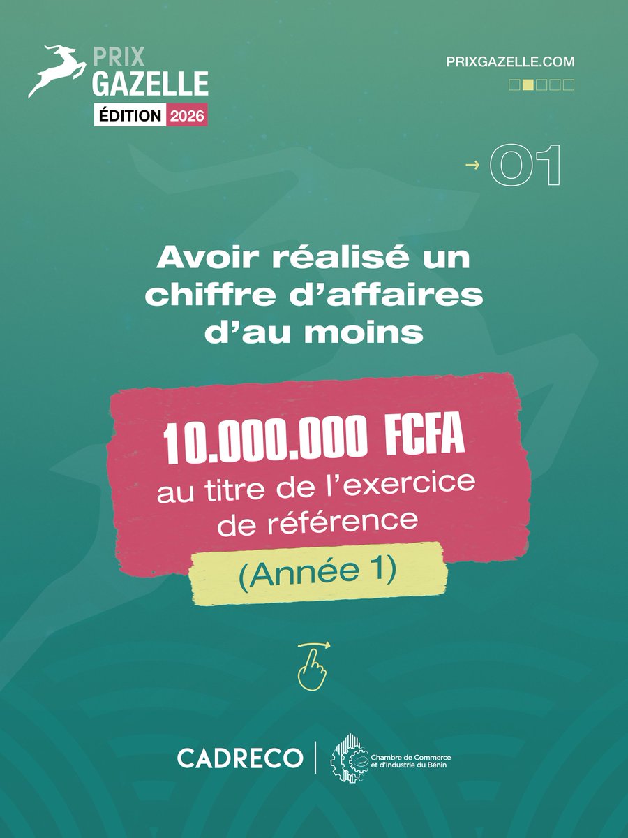 PrixGazelle's tweet photo. Votre performance a une histoire : Le Prix Gazelle vous la fait raconter

Le succès d'une entreprise ne se mesure pas uniquement à sa taille, mais à sa capacité à créer durablement de la valeur. Si votre organisation affiche une croissance soutenue sur les trois derniers exercices fiscaux, il est temps de faire valoriser votre parcours.

Votre entreprise a-t-elle transitionné du régime TPS vers le régime Réel lors du dernier exercice comptable ? Saisissez votre chance de devenir une Gazelle Confirmée en vérifiant votre éligibilité à partir des critères suivants :

✅ Avoir réalisé un chiffre d’affaires d’au moins 10.000.000 FCFA au titre de l’exercice de référence (Année 1)

✅ Avoir enregistré une augmentation d’au moins 50% du chiffre d’affaires chaque année