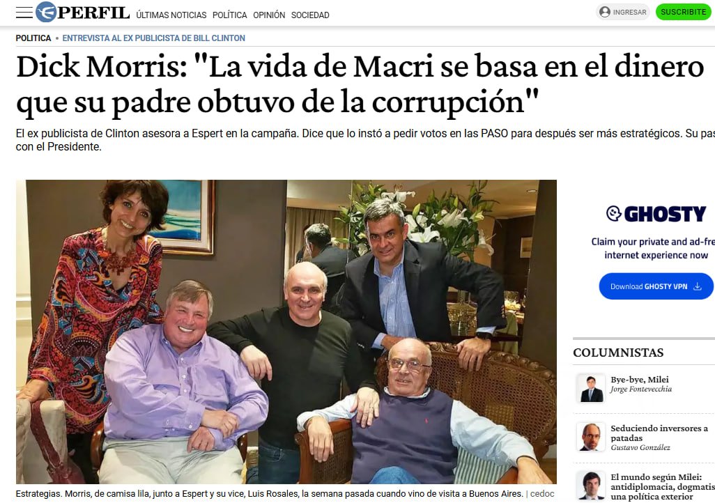 JulianMaciasT's tweet photo. La campaña de José Luis Espert asesorado por Dick Morris fue financiada por el mayor narco de Argentina, Fred Machado, que también pagó los vuelos de Dick Morris, su candidato a vice era Luis Rosales, socio de Dick Morris y Cerimedo en su academia de consultores. https://t.co/GYmrV8PZvk