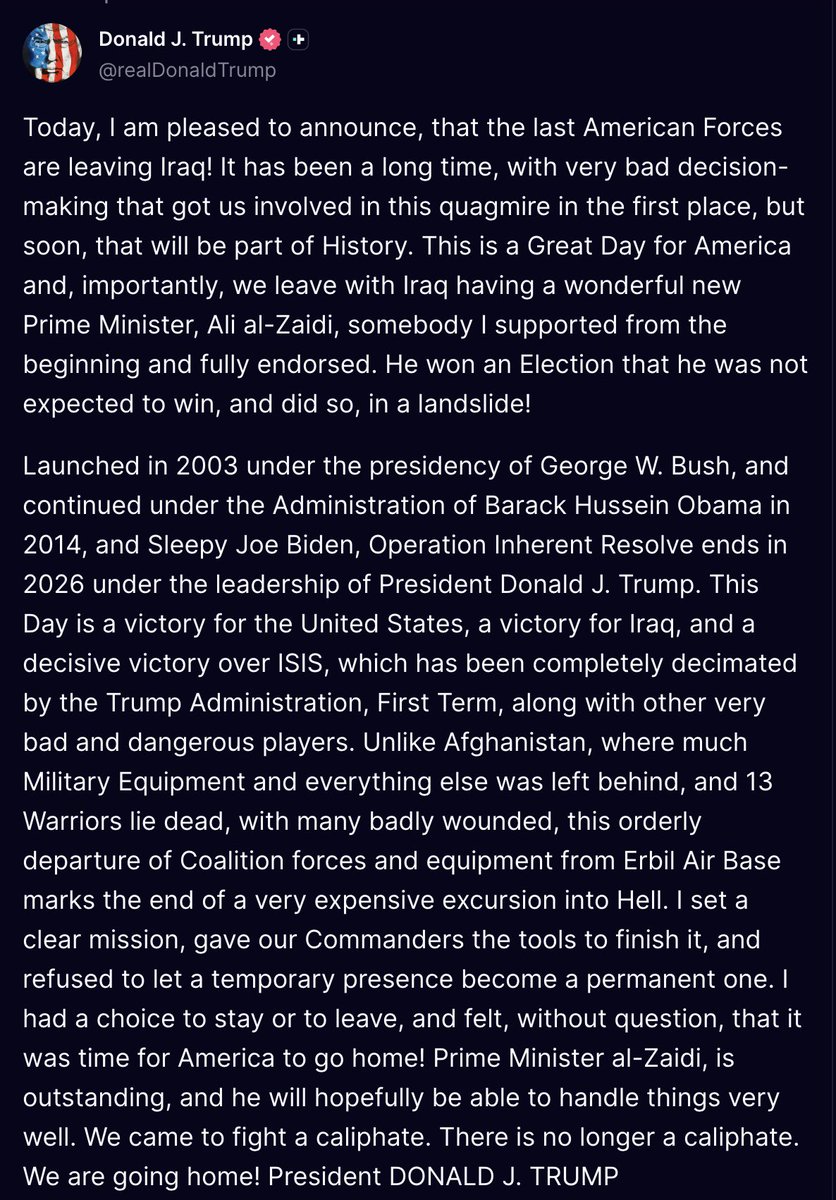 nicksortor's tweet photo. 🚨 BREAKING: President Trump announces the final US troops in Iraq will be LEAVING

It’s about time! We’ve been meddling in Iraq for 23 YEARS.

Don’t just reposition these troops. BRING THEM HOME! 🇺🇸

“We came to fight a caliphate. There is no longer a caliphate. We are going home!”
